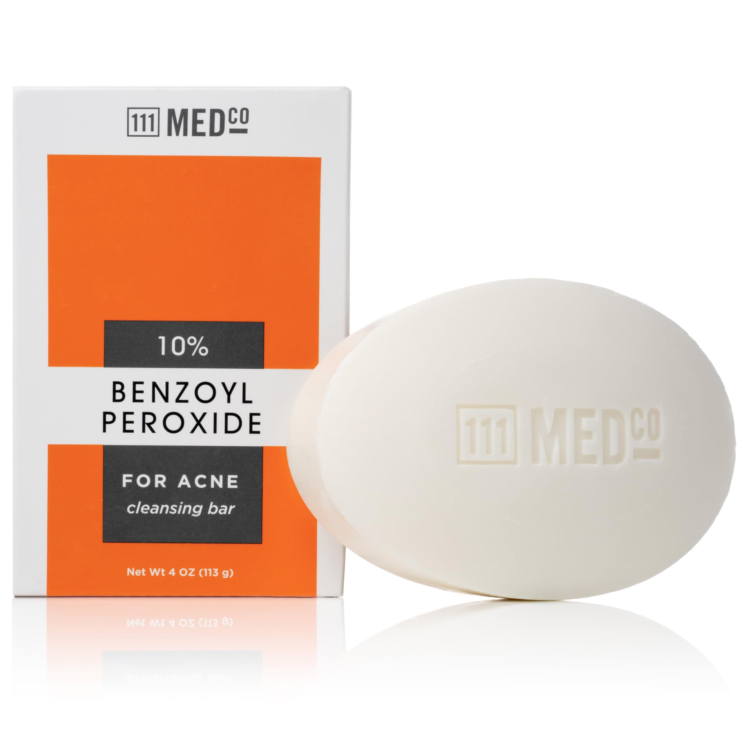 111MedCo 10% Benzoyl Peroxide Acne Treatment Cleansing Bar, Maximum Strength Medicated Face & Body Soap‑Free Bar for Stubborn Breakouts on Face, Chest and Back, 4 oz