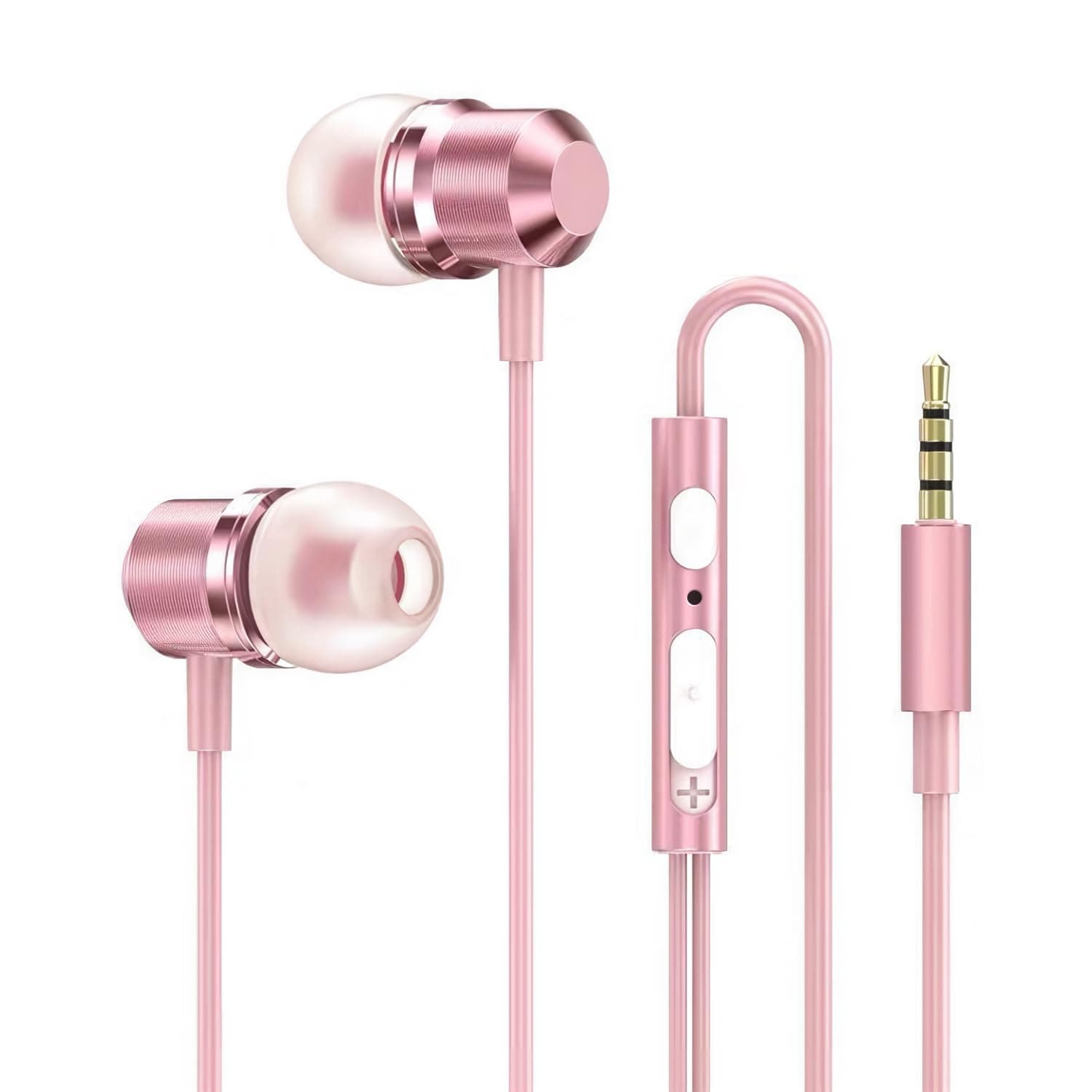 Rose Gold Wired Earbuds, Wowen Pink Earphones with Mic, Small Pink Kids Headphones with Volume Control, 3.9ft Wired Bass Headphones for Smartphones Mp3 Tablet Laptop