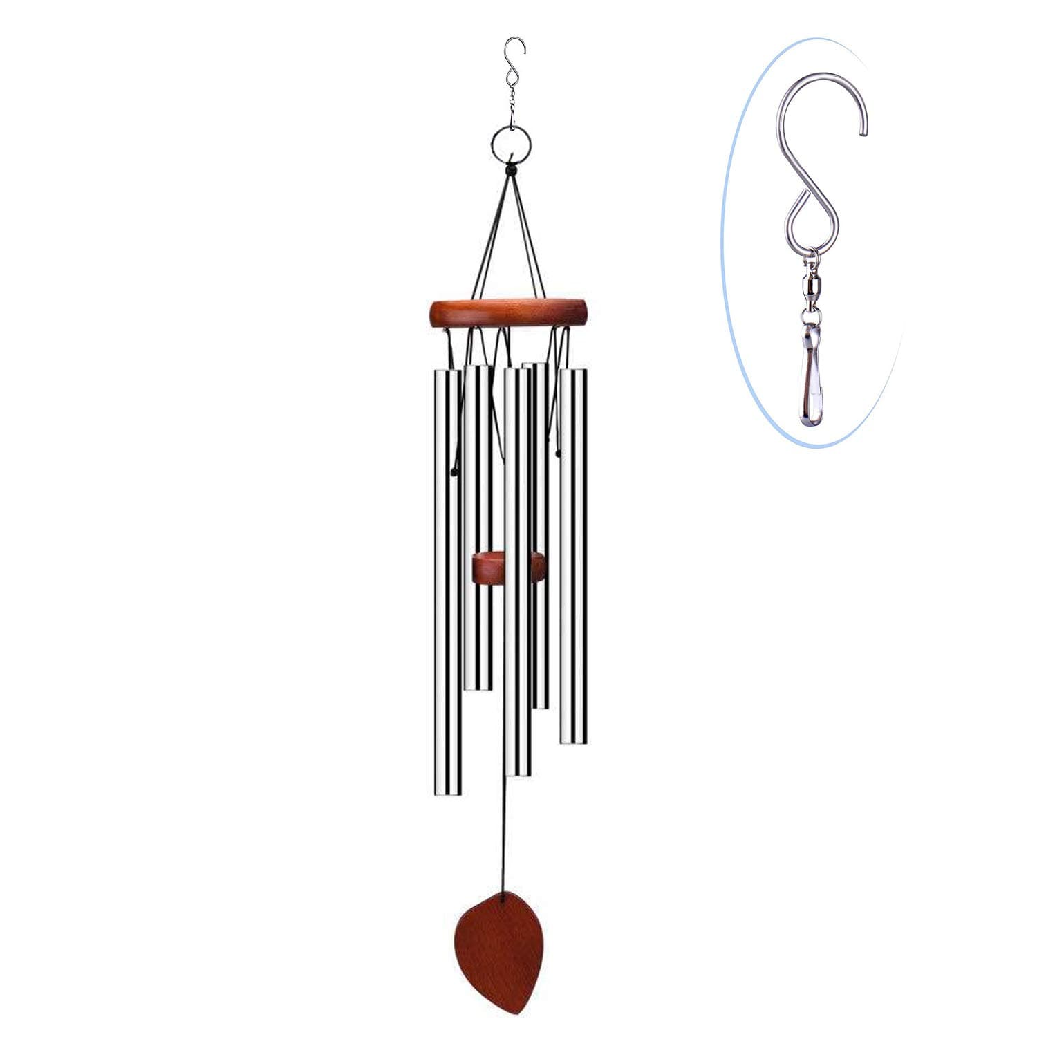 WOODMUSIC Wind Chime - 5 Hollow Aluminum Metal Tubes Best Large Wood Windchime Deliver Rich, Full, Relaxing Tones - Amazing Grace Chimes For Outdoor Patio(24" Silver)