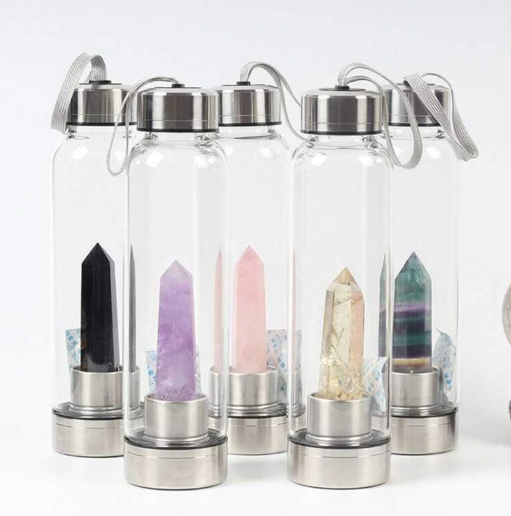Healing Natural Quartz Water Bottle for Making Crystal Infused Gemwater – Includes Gem Stones and Protective Neoprene Sleeve,rosecrystal