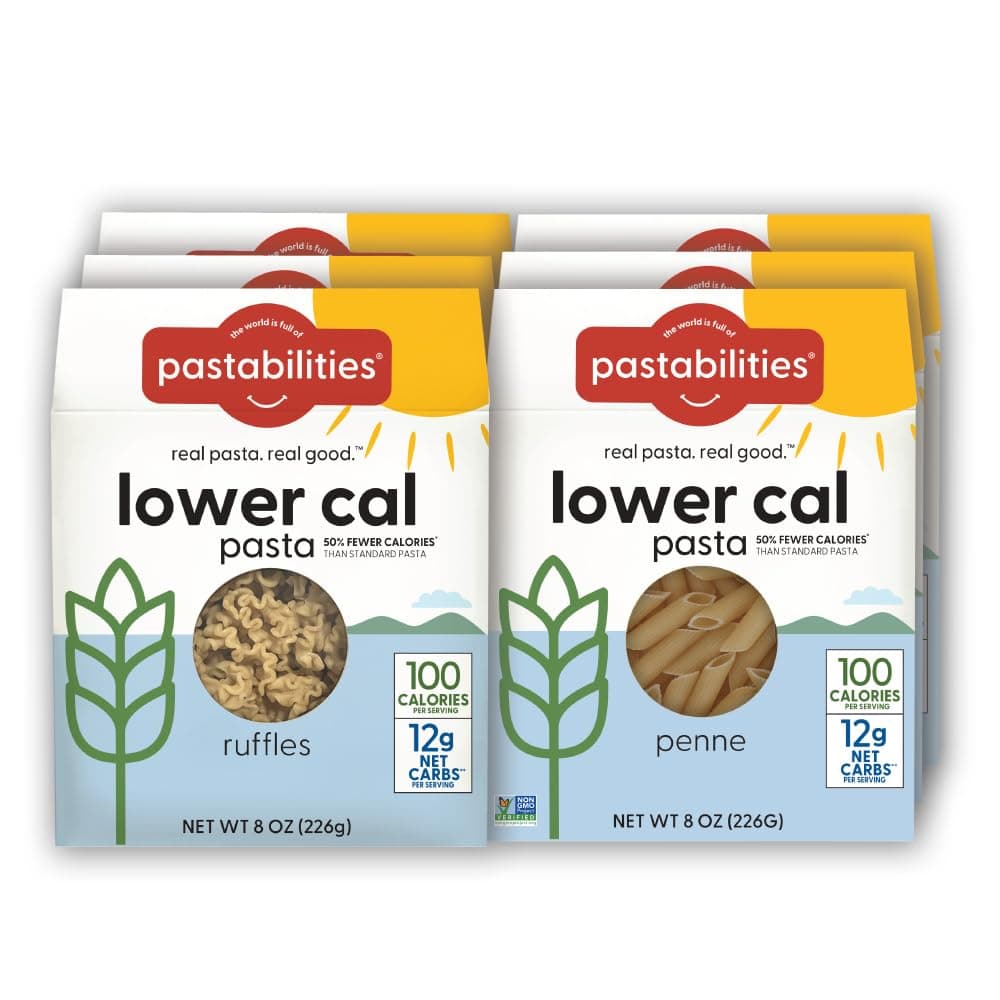 pastabilities Low Calorie Pasta Variety Pack, Penne & Ruffle Pasta (8 Ounce, Pack of 6) Low Calorie Dough, 100 Calories Per Serving, 12G Net Carbs,