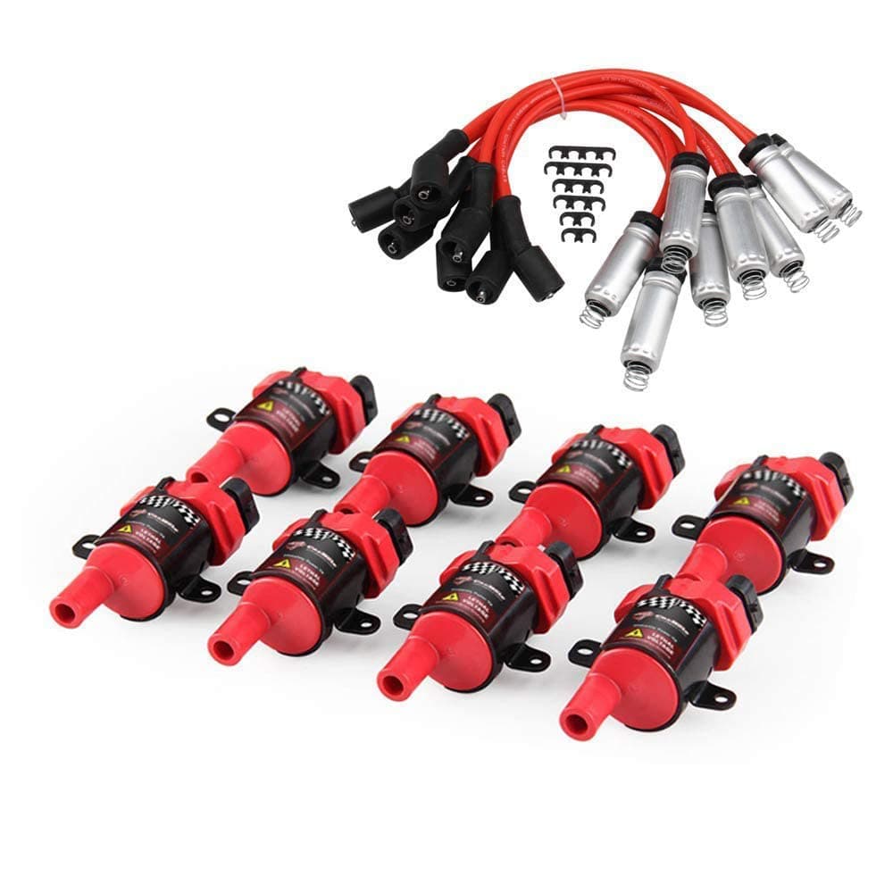 High Performance 8 Pack D585 Ignition Coil With 748UU 8mm Spark Plug Wires Set Compatible with 12622553 12656210 Chevrolet GMC CADILLAC 4.8L 5.3L 5.7L 6.0L fits C1251 UF262, Red