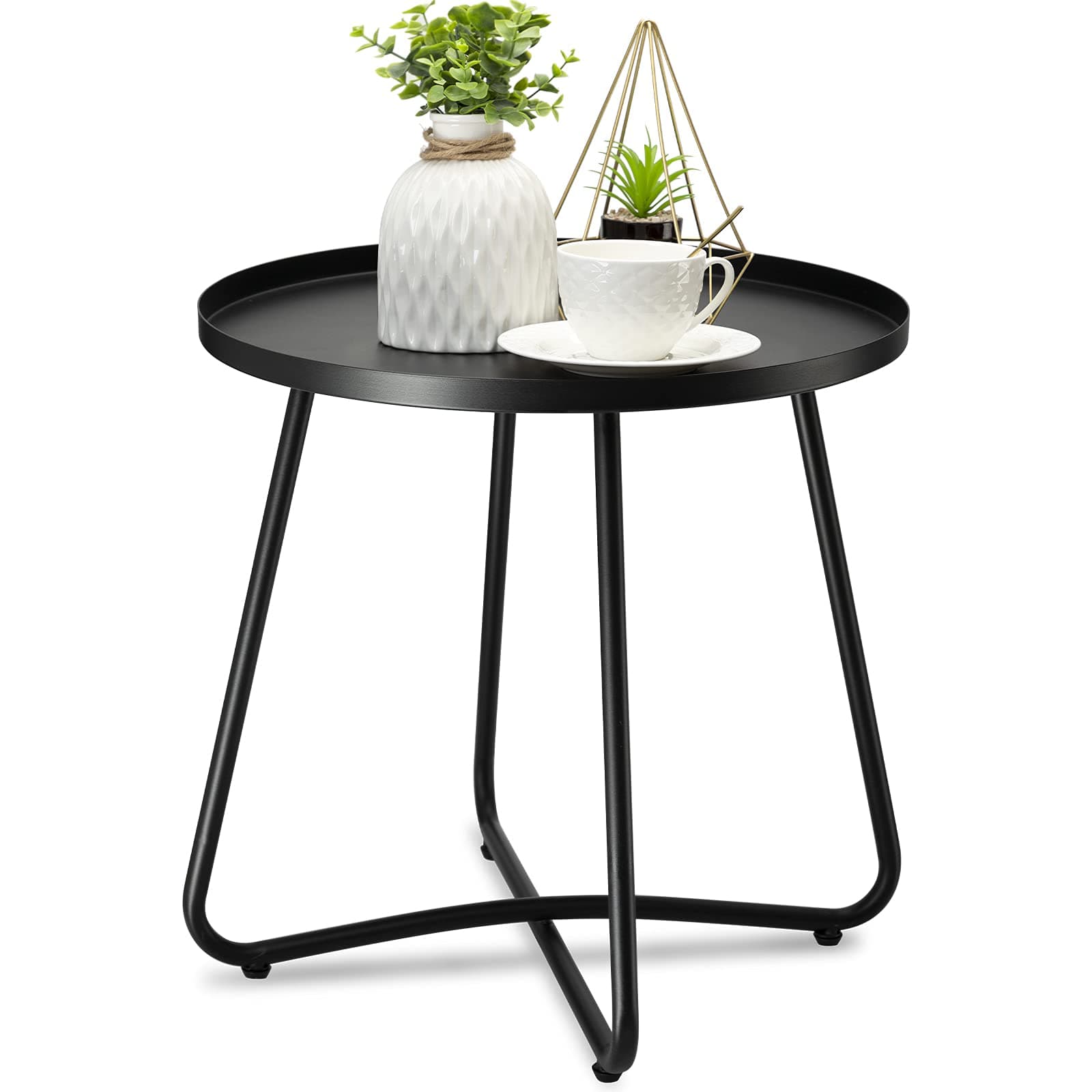Outdoor Side Tables, Weather Resistant Steel, Small Round End Table for Patio Yard Balcony Garden Bedside Black