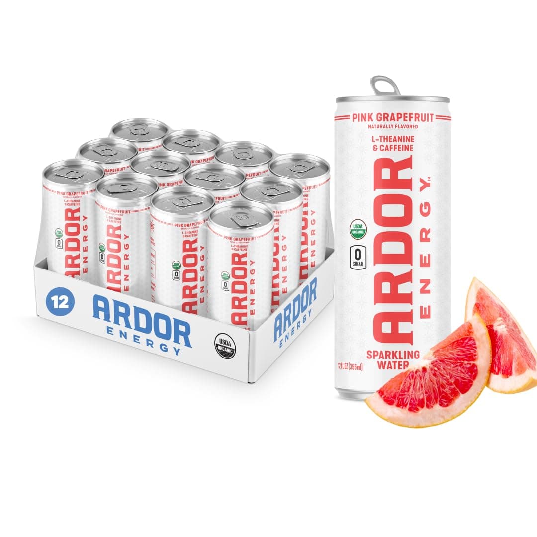 ARDOR ENERGY Sparkling Water Pink Grapefruit 12 Pack of 100mg Organic Green Tea Caffeine & 200mg Organic L-Theanine (Focus & Calm). Sugar Free, Calorie Free, Vegan Gluten Free