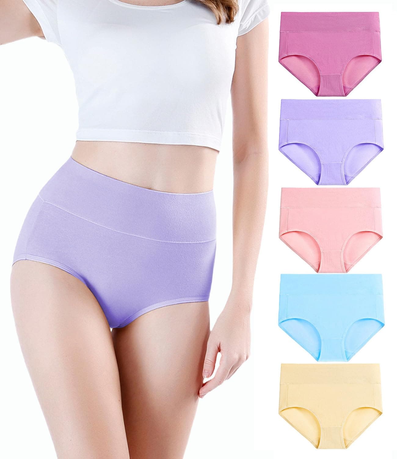 Women's Underwear High Waisted Ladies Cotton Panties Soft Full Coverage Briefs 5 Pack