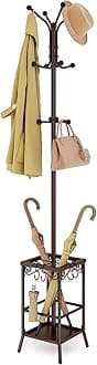 Hoctieon Coat Rack Freestanding, Coat Tree with Umbrella Holder, Metal Coat Rack Stand with 12 Hooks, Standing Coat Hanger Stand, Umbrella Stand for Entryway, Hat Rack Stand for Home Office, Brown