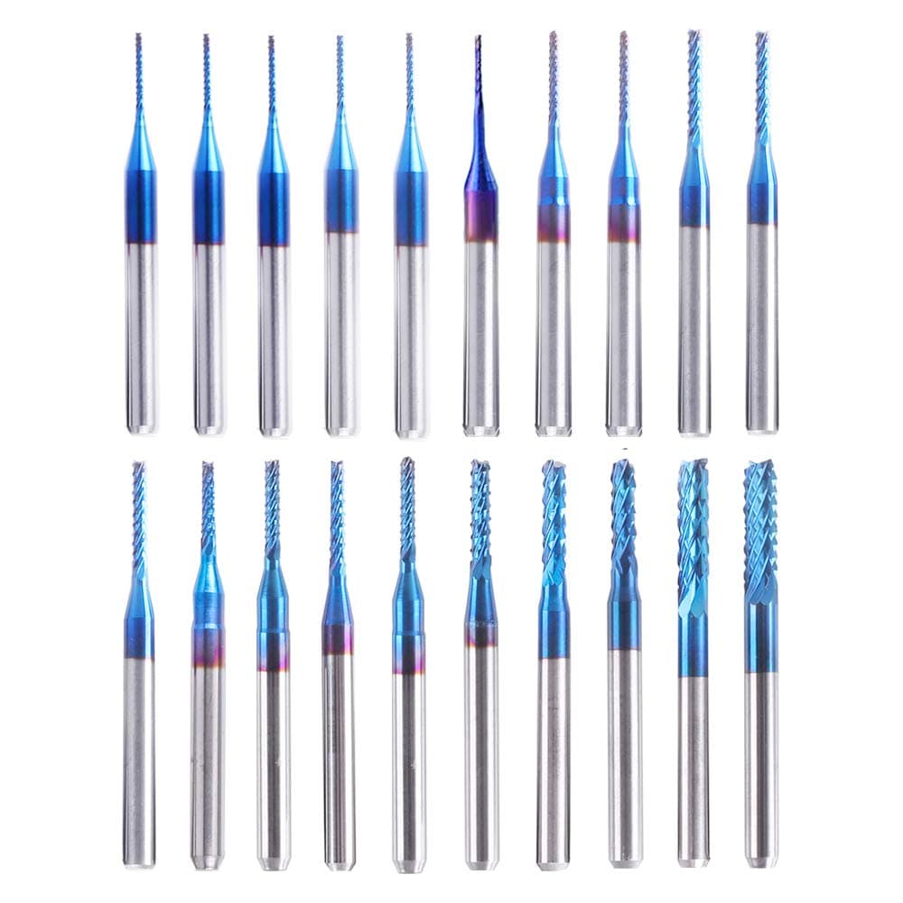 20PCS 0.6-3.175mm CNC Router Bit Set 1/8inch Shank, Nano Blue Coat Carbide End Mill Engraving Bits Rotary Burrs Set Tool for PCB Mould Plastic Fiber Carbon Fiber Hardwood