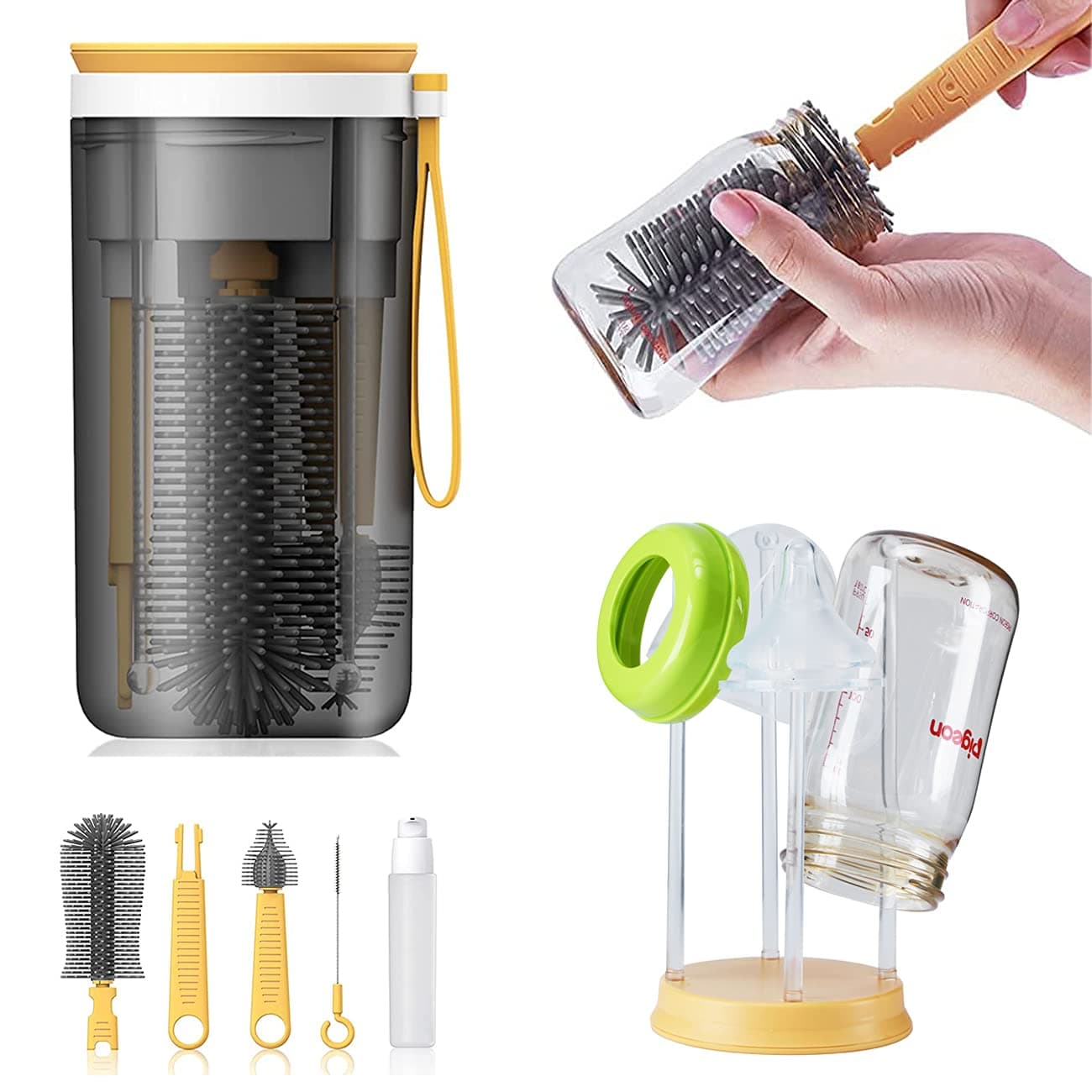 Travel Baby Bottle Drying Rack with Bottle Cleaning Brush Set and Bottle Dryer,Baby Bottle Brush,Nipple Brush and Straw Brush for Baby Bottle Cleaning,Yellow