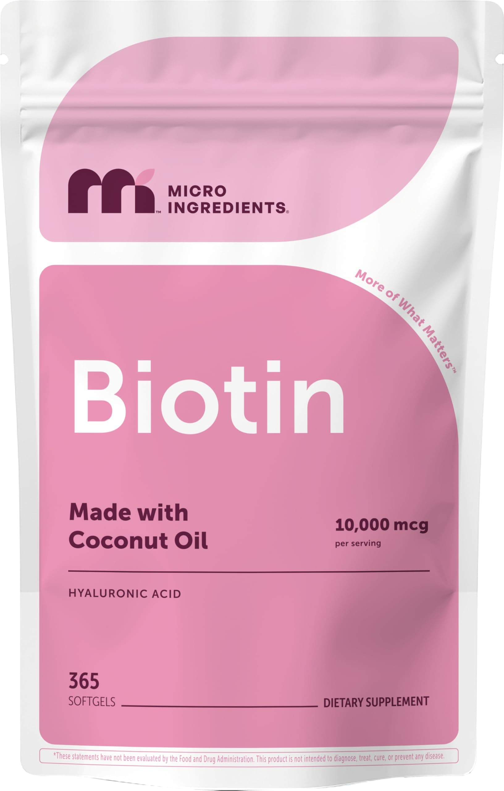 Micro Ingredients Biotin 10,000mcg w/Hyaluronic Acid 25mg | 365 Virgin Coconut Oil Softgels, Fast Release, One Year Supply, Supports Healthy Hair, Skin & Nails, Non-GMO & No Gluten