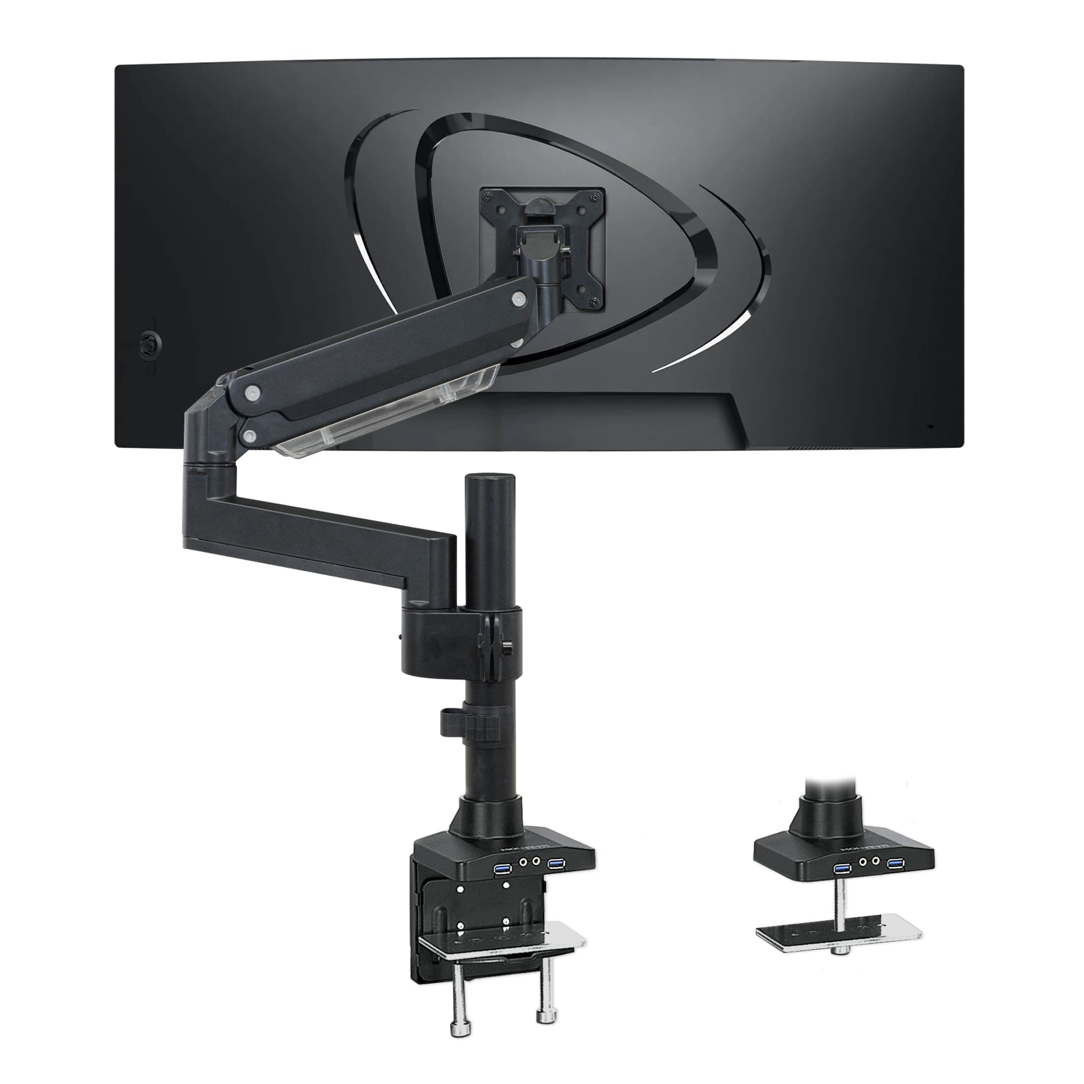 Ultrawide Monitor Arm, Heavy-Duty Gas Spring Desk Mount for 17–35” Curved Screens up to 33 lbs, Full Motion Height Adjustable Monitor Arm with USB 3.0 & Audio Ports, VESA 75/100/200