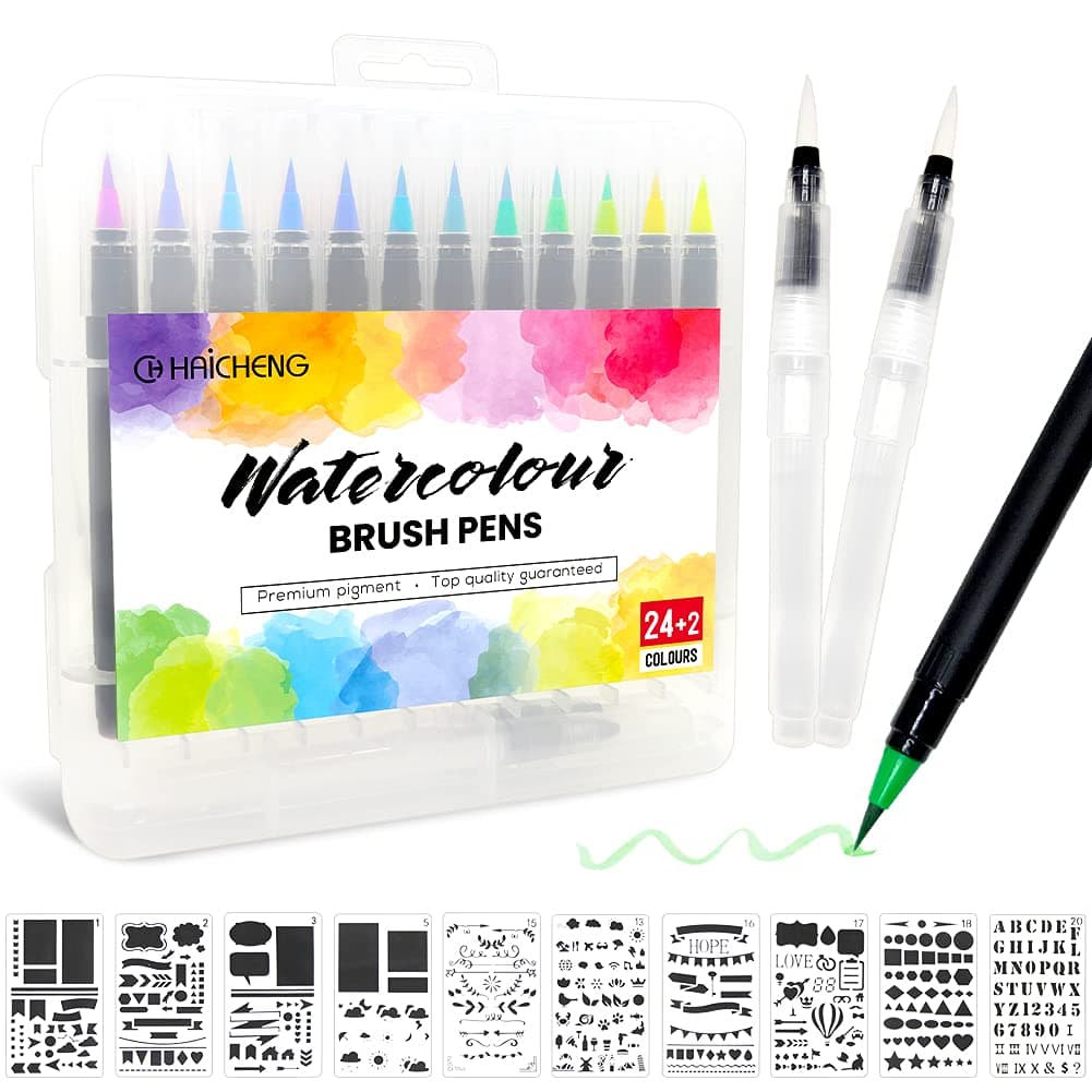 36 PCS Watercolour Brush Pen and Journal Stencils Set, Including 24 Colours Watercolour Brush Pens 2 Water Brush Pens 10 Journal Stencils for Colouring, Journal, Coloring Books, Manga
