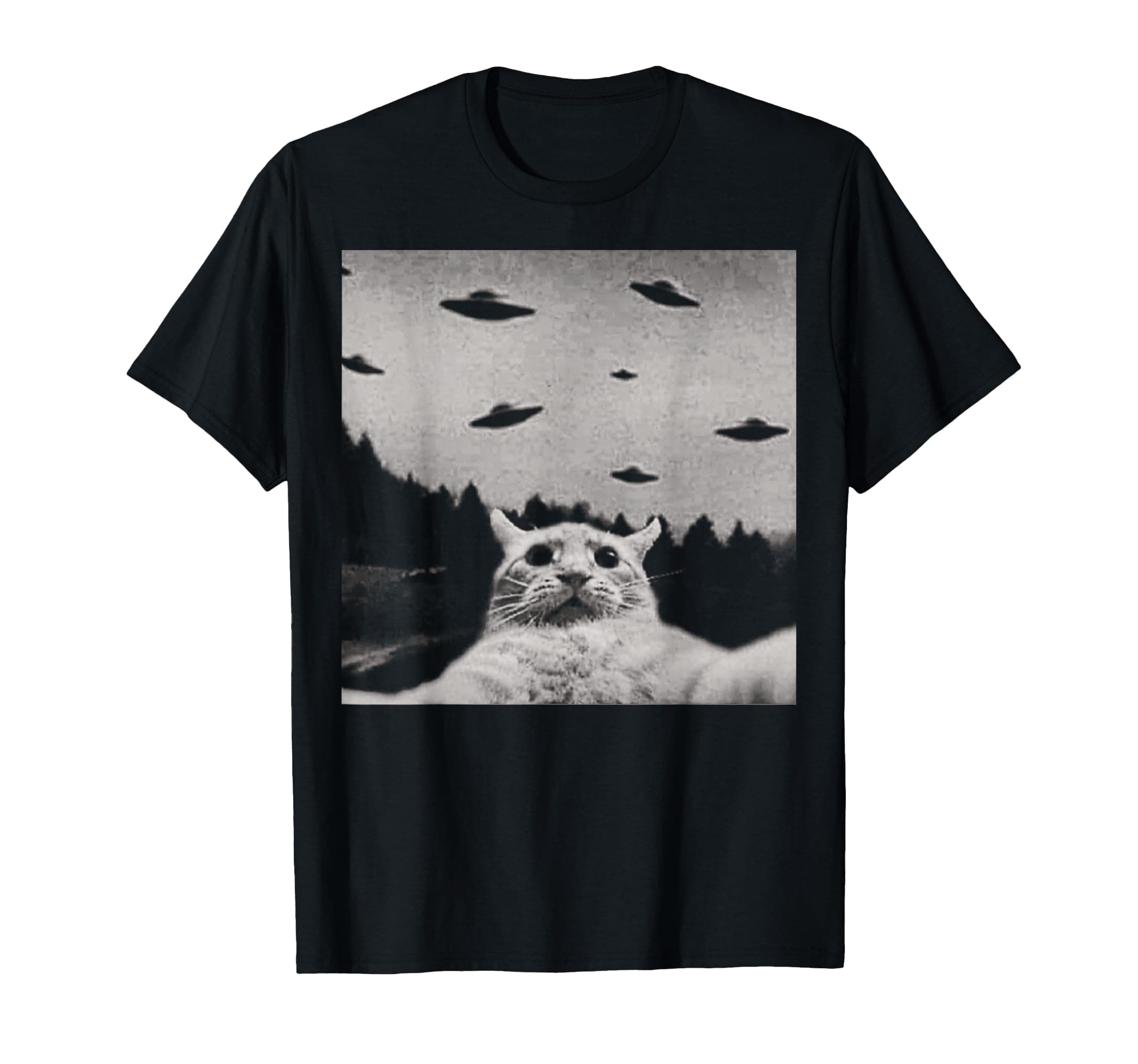 Alien Cat UFO T-Shirt - Classic Fit, Round Neck, Black, Adult