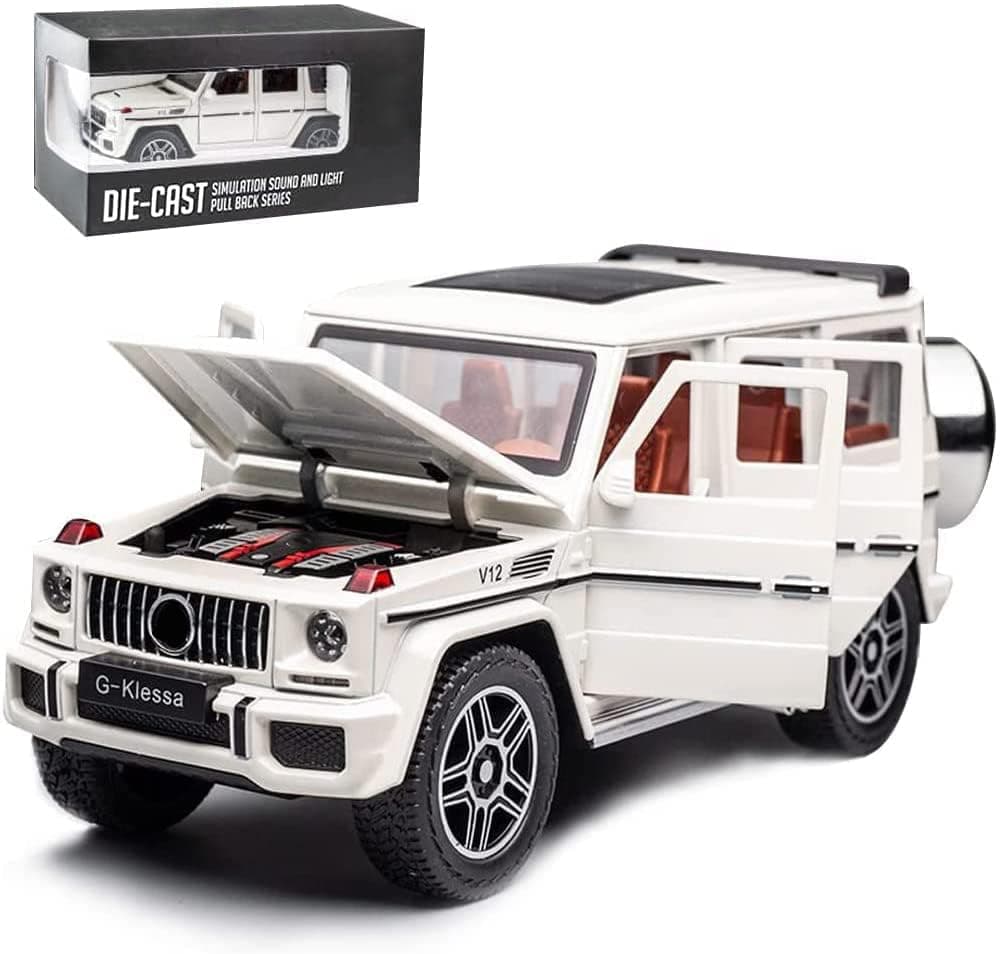 Exquisite car Model 1/24 Benz G63 AMG Model Car, Zinc Alloy Pull Back Toy car with Sound and Light for Kids Boy Girl Gift (White)