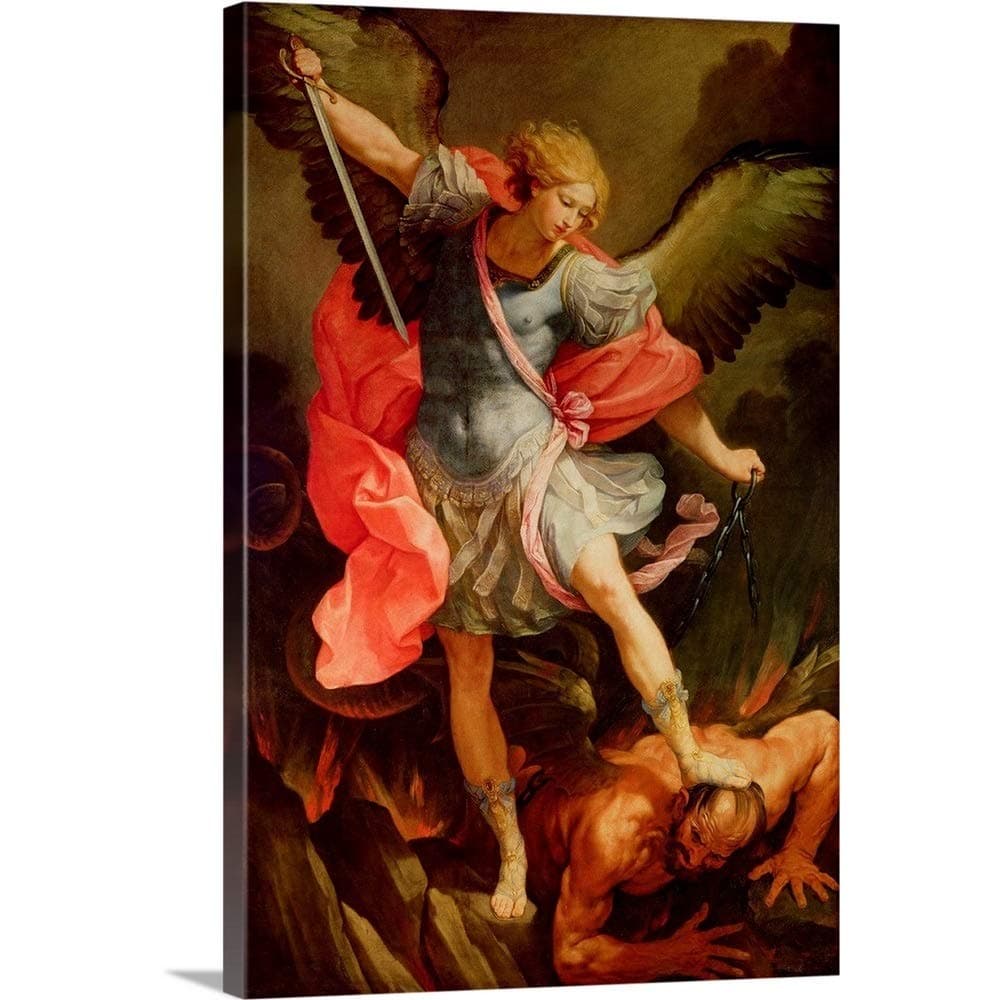 CANVAS ON DEMAND The Archangel Michael Defeating Satan Canvas Wall Art Print by Guido Reni, Baroque, Figurative, Home Decor, Winged, Figurative Artwork, 16" x24in