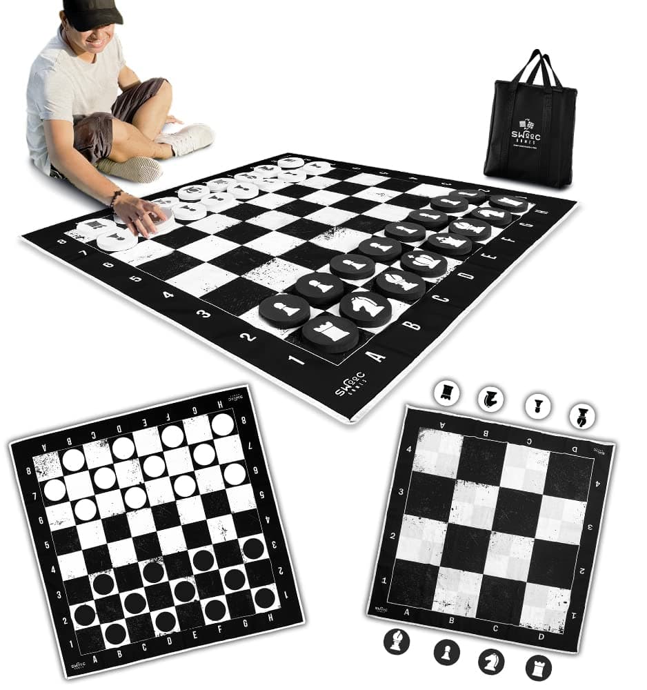 Swooc Games - 3-in-1 Giant Chess, Checkers, & Chess Tac Toe Game with Mat (4ft x 4ft) - Machine-Washable Canvas & 5" Big Foam Discs - Giant Chess Set Outdoor & Checkers Board Game for Adults & Kids