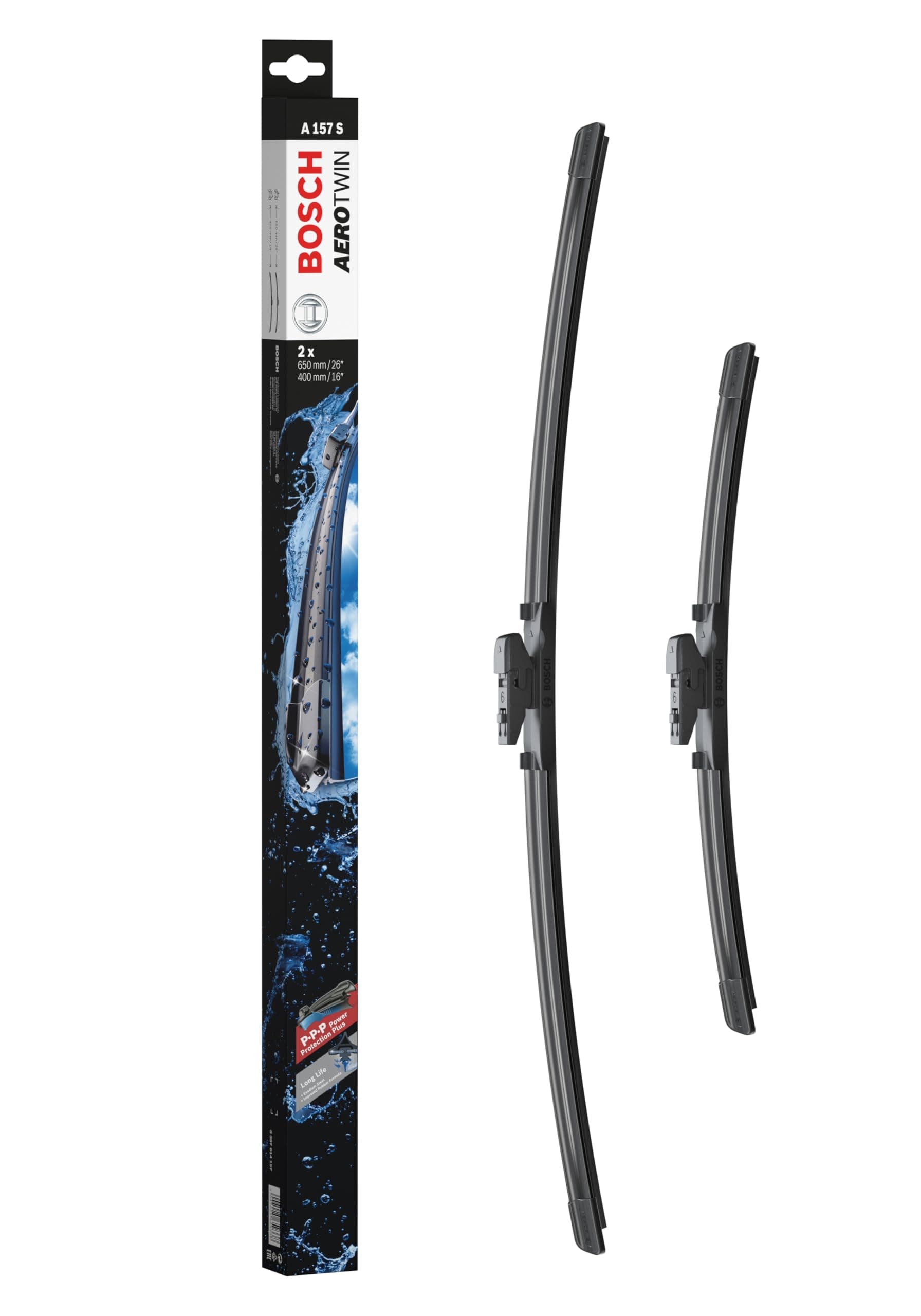 Aerotwin A 157 S - Front Windscreen Wipers - Set of 2 Replacement Blades - Comes with Pre-assembled Adapter - 2 Blades, 650mm/400mm - Only for left-hand drive (EU)