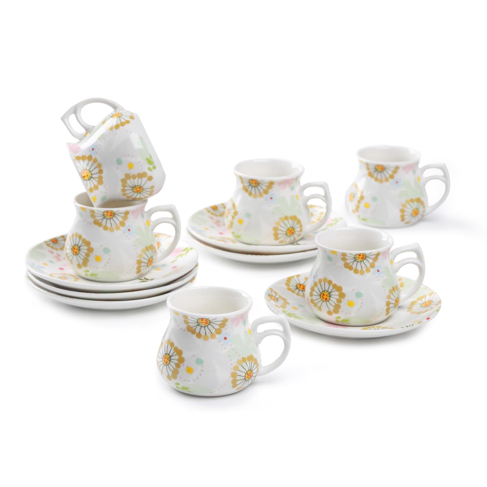 GuangYang 12 pieces Expresso Cups and Saucers for 6 People,2 oz Turkish Coffee Cup set of 6,Lucky Floral Pattern,Good Gift Set