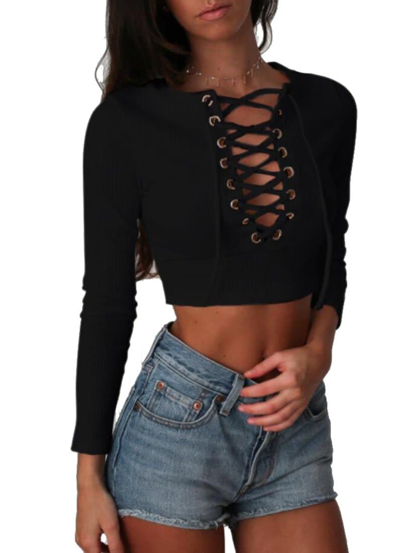 Ellie Hebe Women's Long Sleeve Crop Top Lace up Tee