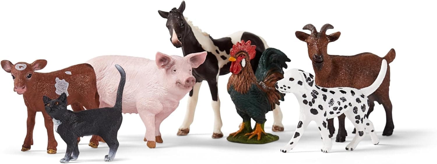 Schleich Farm World - 7 PC Farm Animal Playset with Dog, Cat, Pig, Goat, Rooster, Baby Horse and Cow Toys - Realistic Barnyard Figurines - Fun Educational Figures For Kids and Toddlers Ages 3+ | 77533