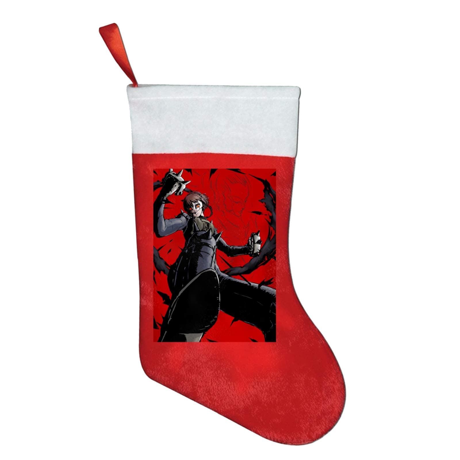 Kousaka Persona 5 Makoto Niijima Christmas Stockings Red and White Plush Velvet Fireplace Hanging Stocking Santa Xmas Socks for Family Holiday Xmas Party Decor Gift 17"