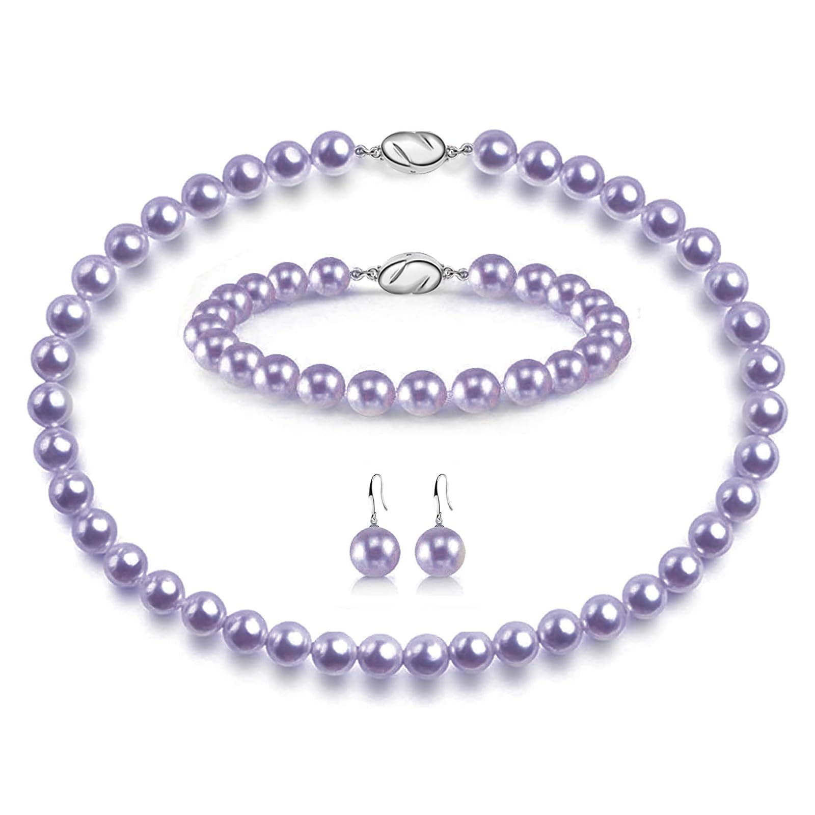 Pearl Necklace Set for Women, 8mm Round Shell Pearl Includes Stunning Bracelet and Dangle Earrings 3 Piece Jewelry, Birthday Christmas Gift for Mom Wife Sister Best Friend, Gift Box