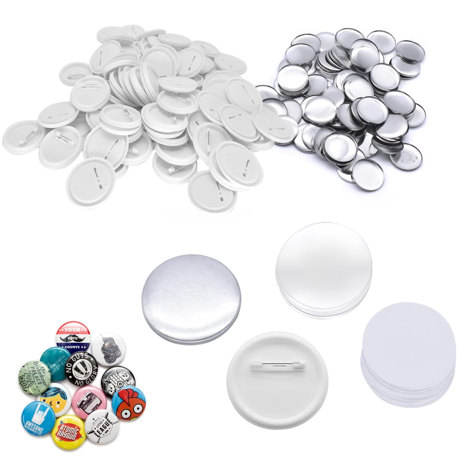 PEALOV 58mm Round Metal Button Blanks, 200 Pieces, Badge Making Supplies, Includes Metal Shells, Back Cover, Clear Film