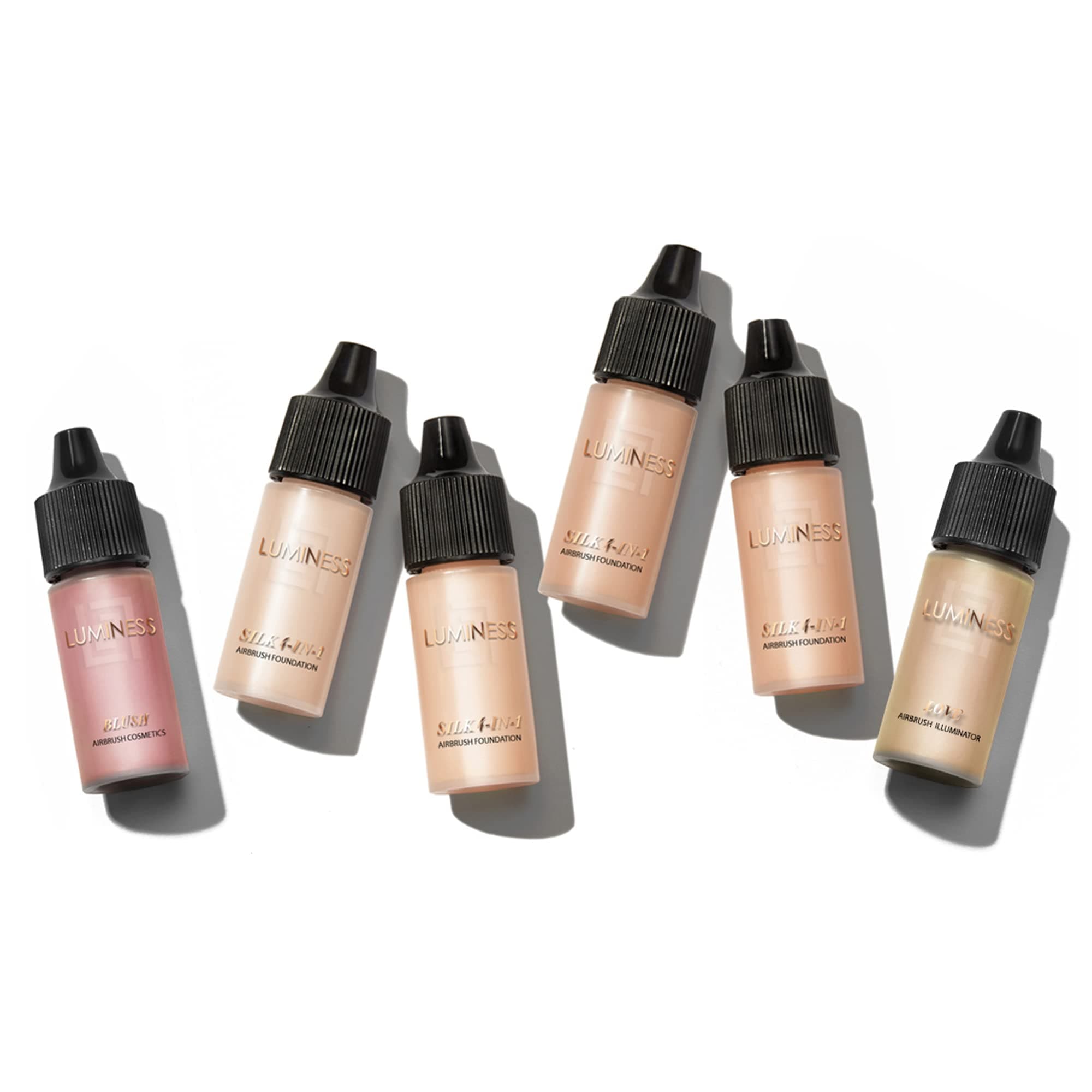 Silk 4-in-1 Airbrush Foundation Makeup Starter Kit - Medium Coverage, 6-piece - Includes 2x Silk Airbrush Foundation, Blush, Glow Highlighter, Moisturizer Primer & Airbrush Cleaning Solution