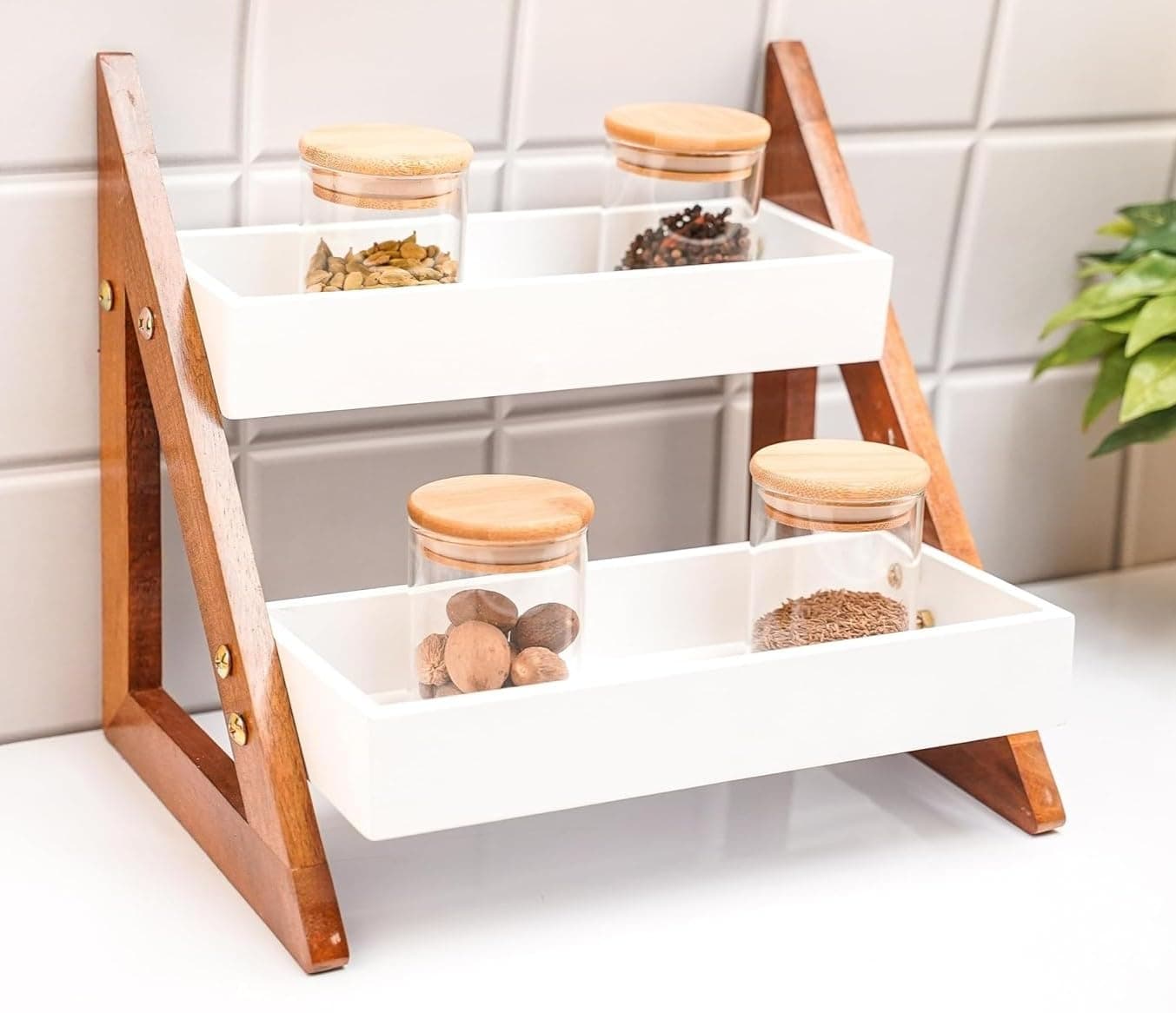 UHUD CRAFTS Multipurpose Wooden Triangluar Countertop Spice Rack | Kitchen Counter Top Organizer | 2-Tier Kitchen Storage Organizer Tiered Shelf| Jars And Bottle Holder & Kithen Decor Item