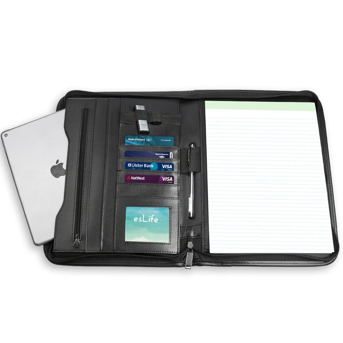 esLife Padfolio Portfolio Binder, Professional Interview Resume Document Organizer with PU Leather Writing Pad, Card Holder for Business School Office Conference, Black