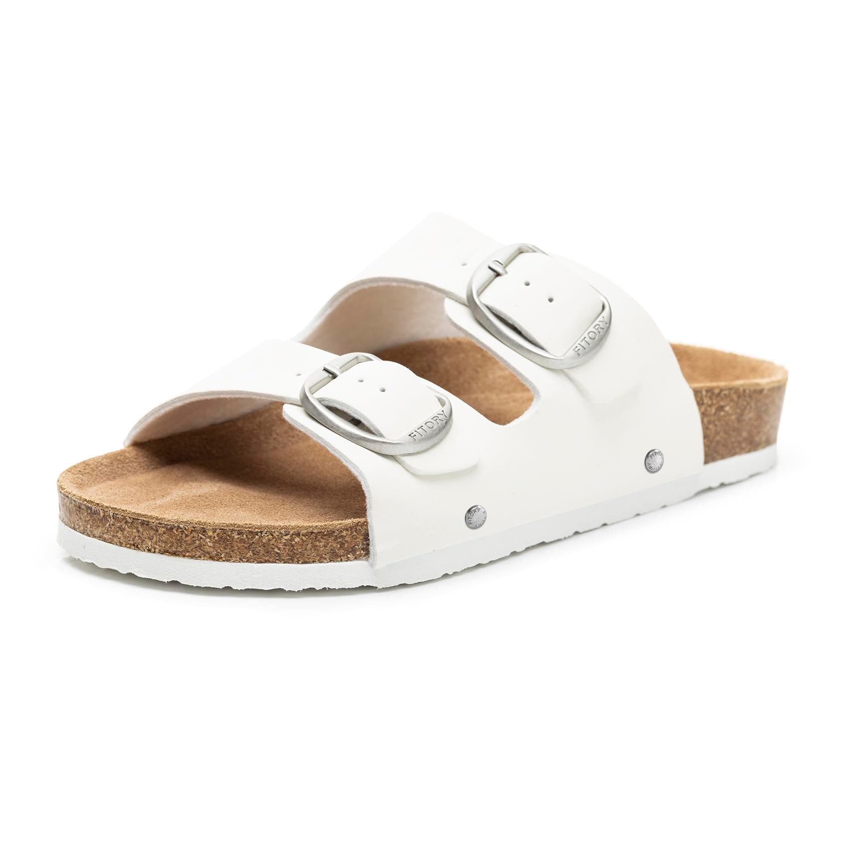 FITORY Womens Flat Sandals with Cork Footbed, Open Toe Slides Adjustable Slip On Slippers for Summer White Size 8