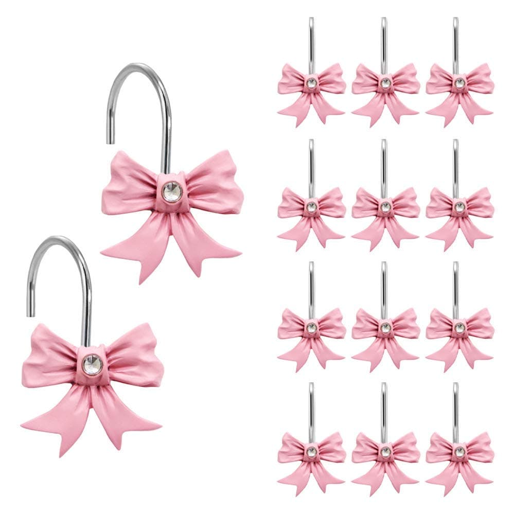 12PCS Decorative Shower Curtain Hooks, Pink Bow Knot Resin Curtain Hooks Shower Rings for Bathroom Baby Room Nursery Art Decors (Bow Knot)