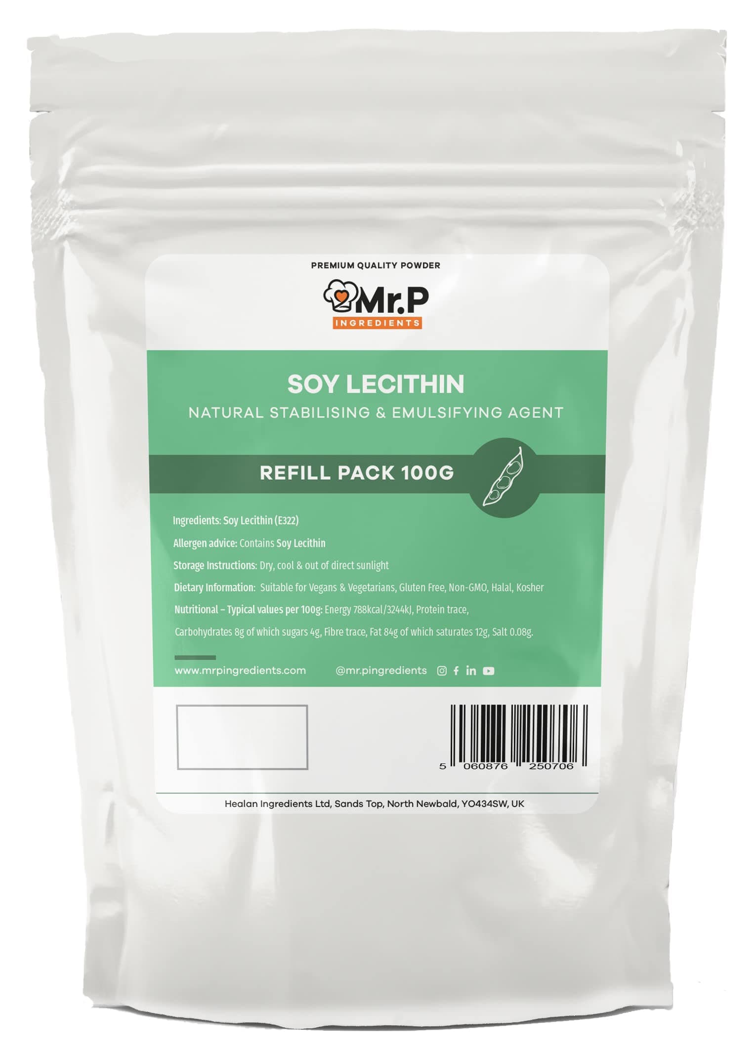 Mr.P Ingredients Soy Lecithin Powder 100g Stabilising Emulsifying Agent Texture Improver Vegan Vegetarian Halal Kosher Non-GMO Resealable Pouche