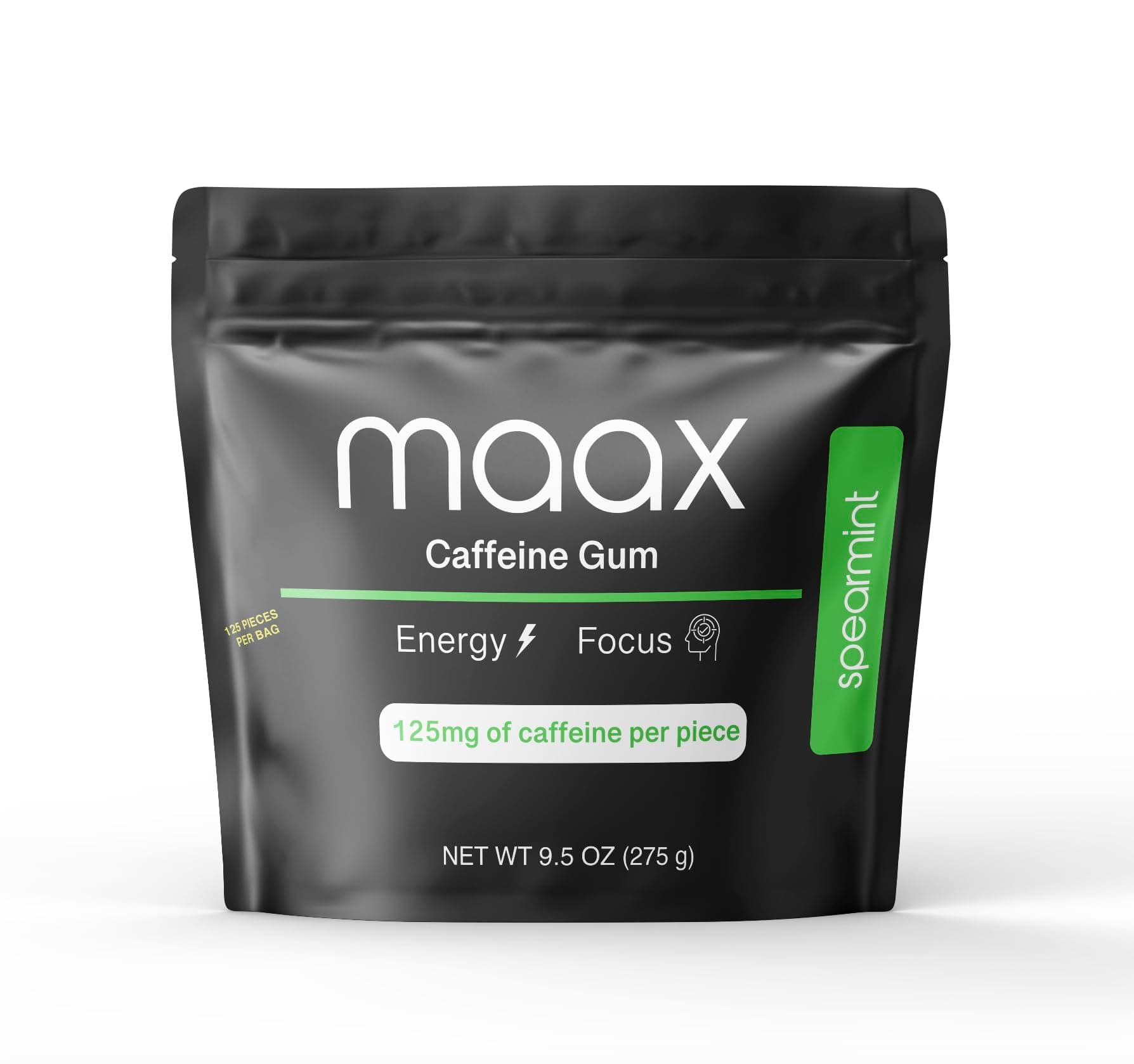 Maax Caffeine Energy Gum | Focus Gum | 125mg of caffeine per piece | Spearmint | 125 total pieces per bag