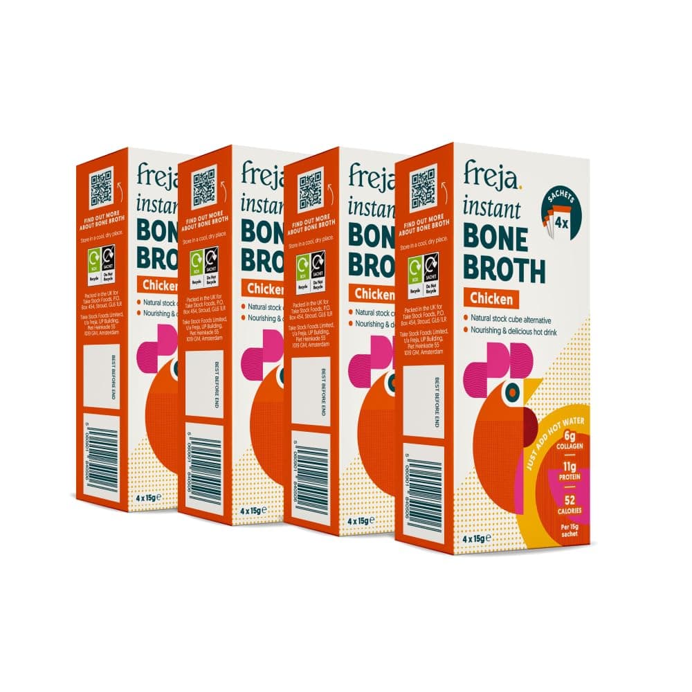 Freja Instant Chicken Bone Broth | Chicken | 100% Natural | Rich in Collagen, Protein & Amino Acids | Dairy & Gluten Free, 4 boxes (4 x 15g Sachets Per Box)