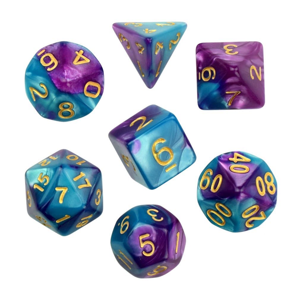 Purple Blue Green Gemini Glowing Polyhedral 7-Die RPG Dice Set Galaxy DND Dice Set D20 D12 D10 D8 D6 D4 for Dungeons and Dragons wit Pouch