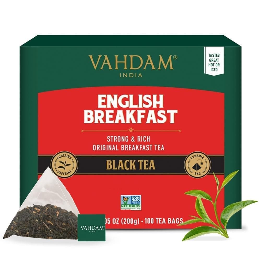 English Breakfast Black Tea Bags (100 Count) High Caffeine | Strong, Robust & Flavoury | Pyramid Tea Bags | Full Bodied Black Tea Leaves