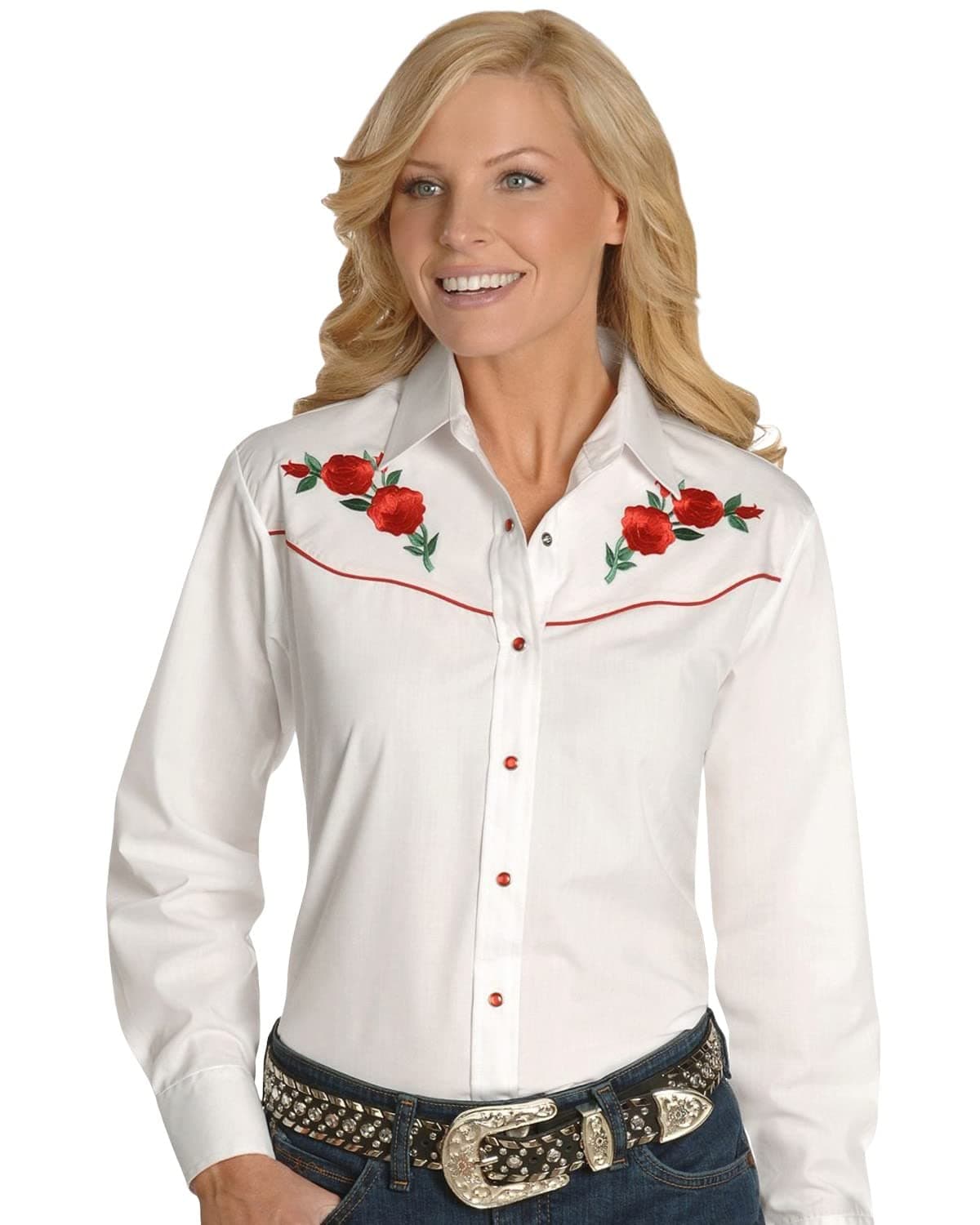 Women's Long Sleeve Western Shirt with Red Rose Embroidery