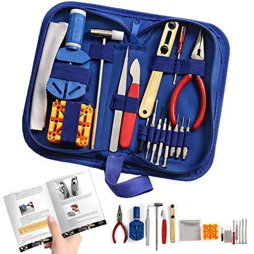 Watch Repair Kit Professional - Complete Tool Set with Watchmaker's and Jewelers "Maintenance & Service" User Manual - Storage Case - Microfibre Cleaning Towel (16 Pieces)