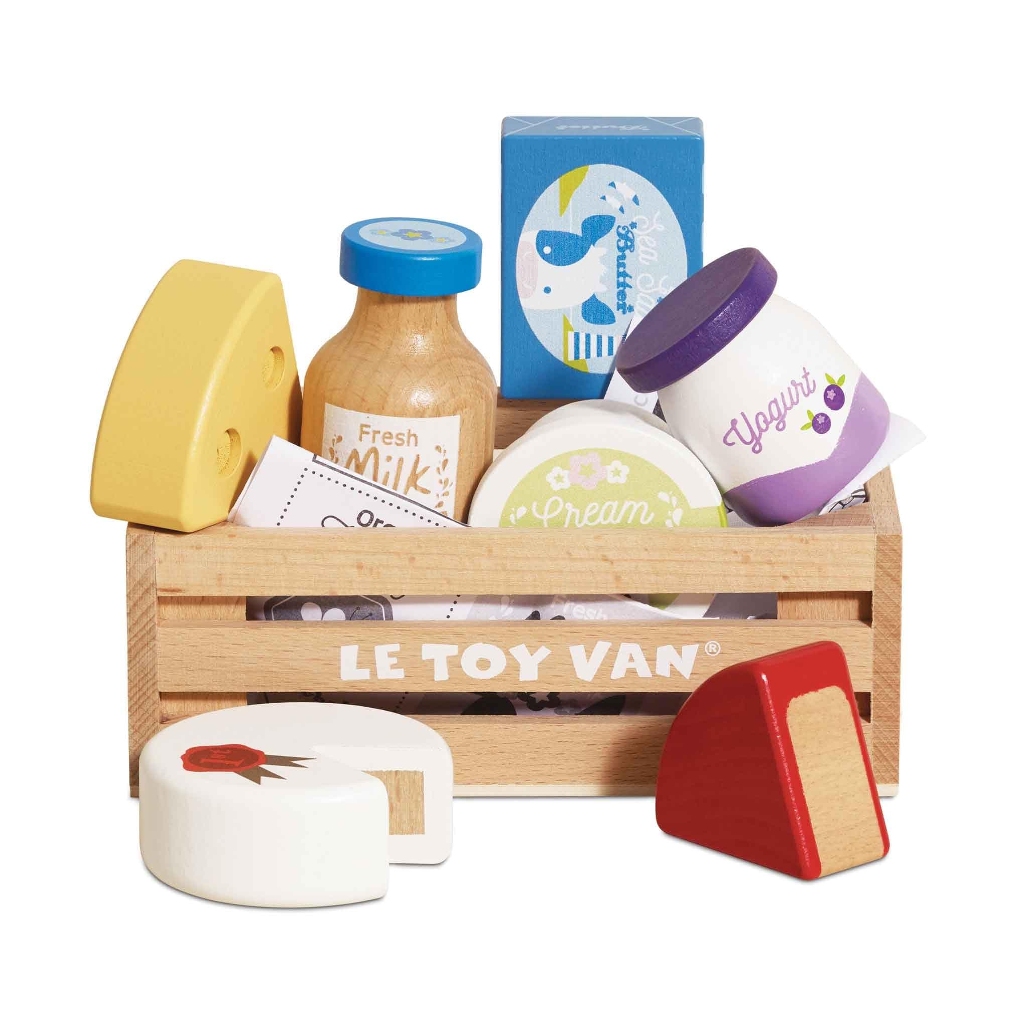 Le Toy Van - Wooden Honeybee Market Cheese & Dairy Crate | Wooden Market Stall Food | Supermarket Pretend Play Shop Food (TV185)