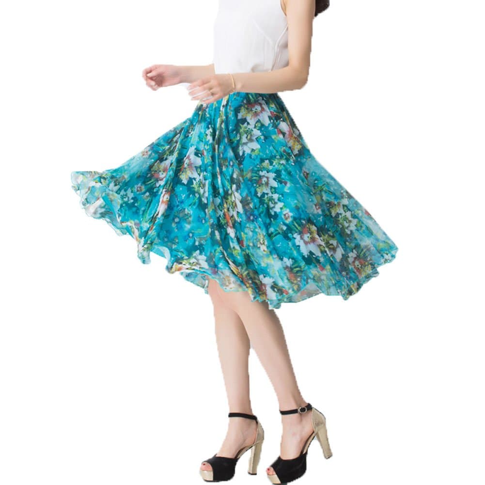 MINGXIN Women's Floral Elastic Waist Printed Chiffon Pleated Skater Knee-Length Skirt Multi6