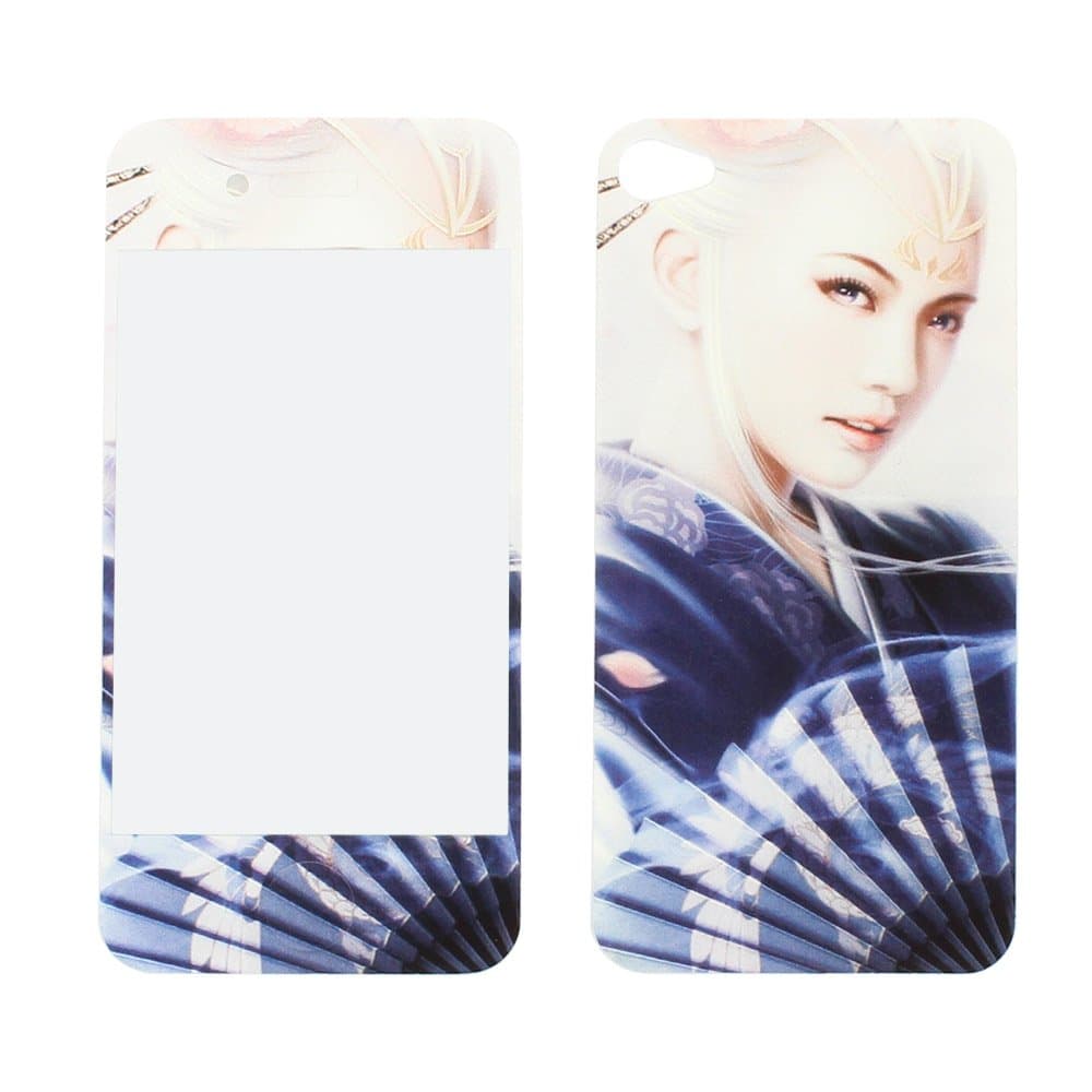 Skque 3D Relievo Folding Fan Girl Front & Back Sticker Screen Protector Full Body Cover Film for Apple iPhone 4/4S