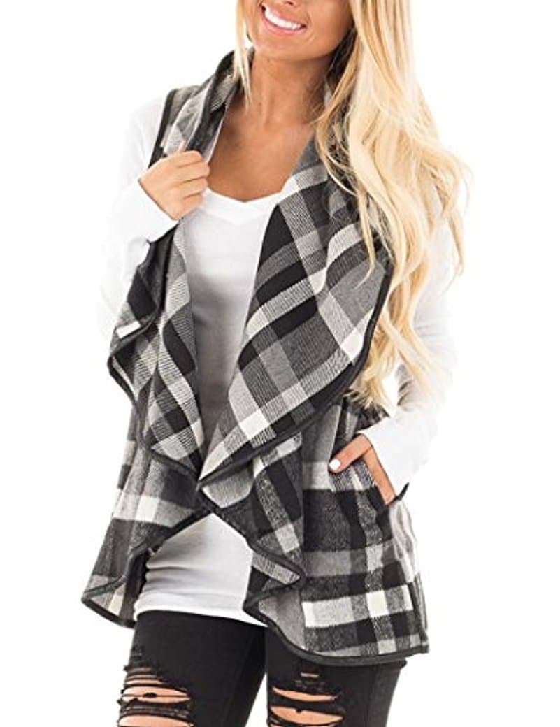 SocoToo Women's Color Block Lapel Open Front Sleeveless Plaid Vest Cardigan with Pockets (Grey, X-Large)