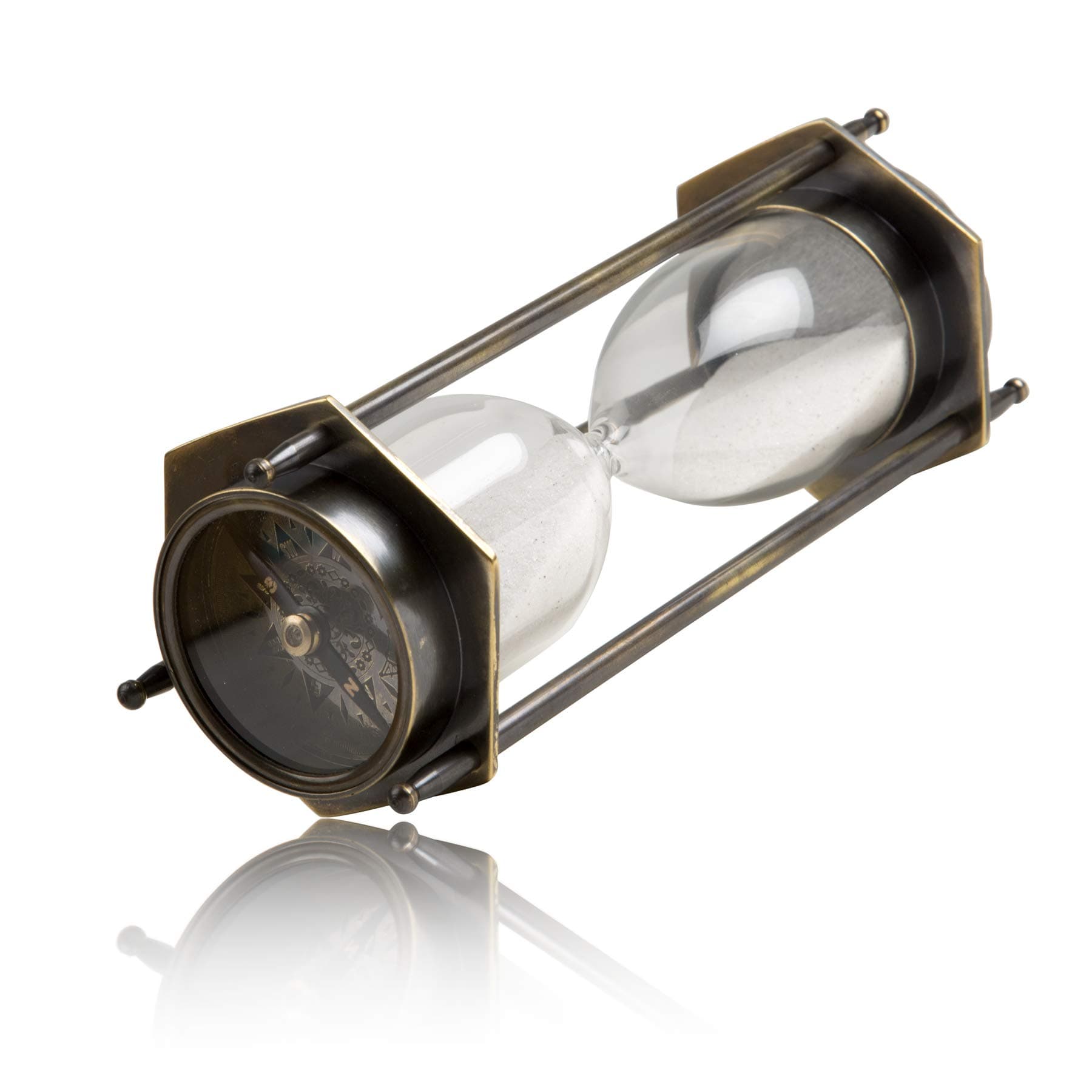 4-6 Minute Hourglass Sand Timer Clock with Sparkling White Sand & Compass 7" Brass Vintage Antique Style Nautical Collectors Gift Decorative Souvenir Unique Creative Gifts for Home Office Study Desk