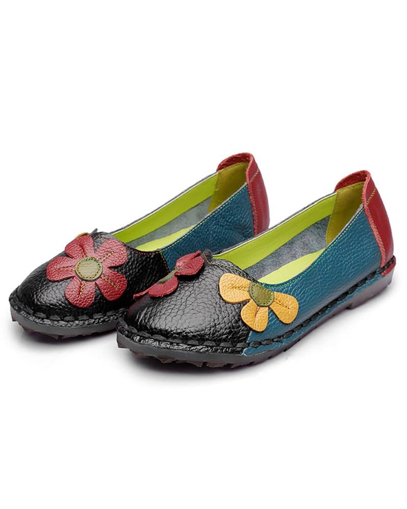 Women's Genuine Leather Loafers Handmade Soft Comfortable Flat Casual Shoes (UK 6.5, Black)