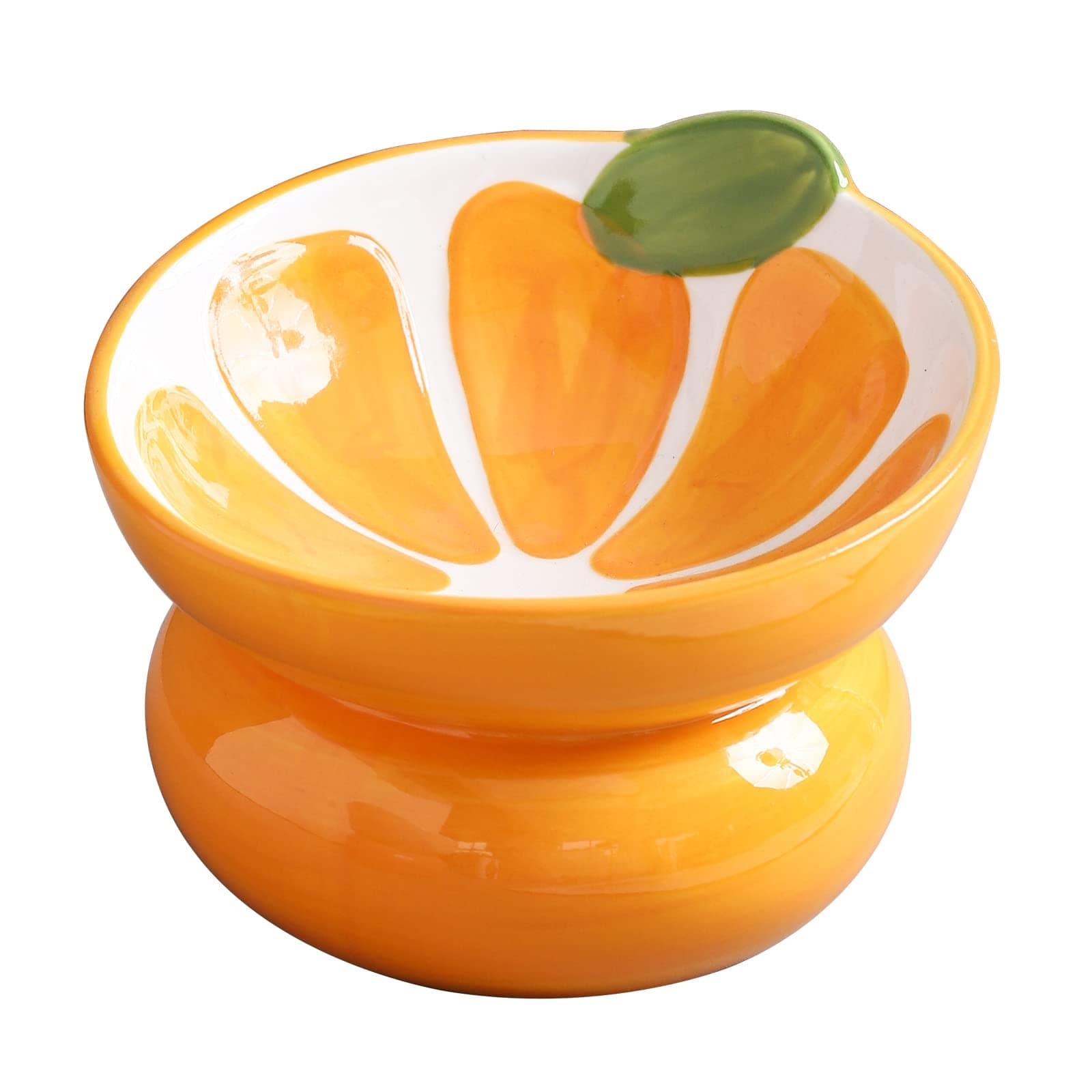 Ceramic Raised/Elevated Cat Food Bowl for Indoor Cats, Anti Vomiting & Protect Pet's Spine, Cute Fruit Themed Tilted Cat Dish for Flat Faced Cats and Kitten (Orange Shaped)