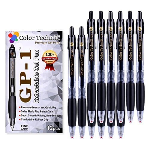Color Technik GP-1 Premium Retractable Gel Ink Roller Ball Pens, Fine Point 0.7mm, Set of 12 Gel Pens, Black Quick Dry Gel Ink with Comfort Grip, Long Lasting!