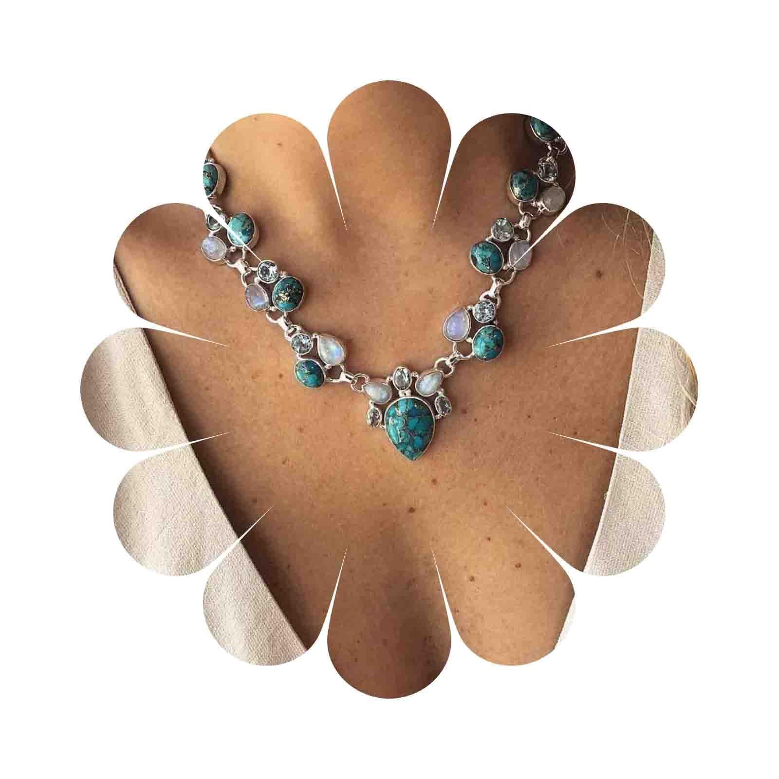 Boho Moonstone Necklace - Silver Opal Moonstone Teardrop Natural Gemstone Vintage Statement Necklace Chain Jewelry for Women and Girls (XLF-259-u)