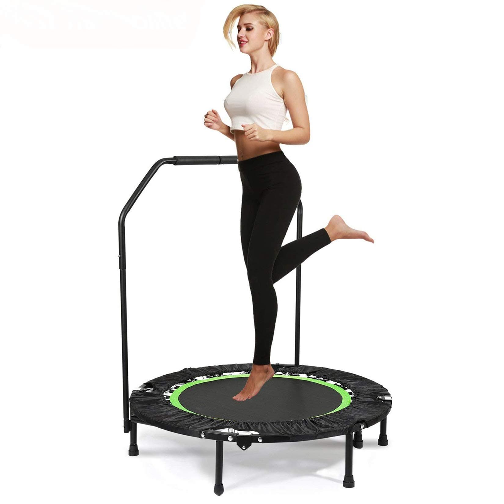 Hosmat 40 Inch Mini Exercise Trampoline for Adults or Kids - Indoor Fitness Rebounder Trampoline with Adjustable Handle Bar & Legs| Max. Load 300LBS (Green)