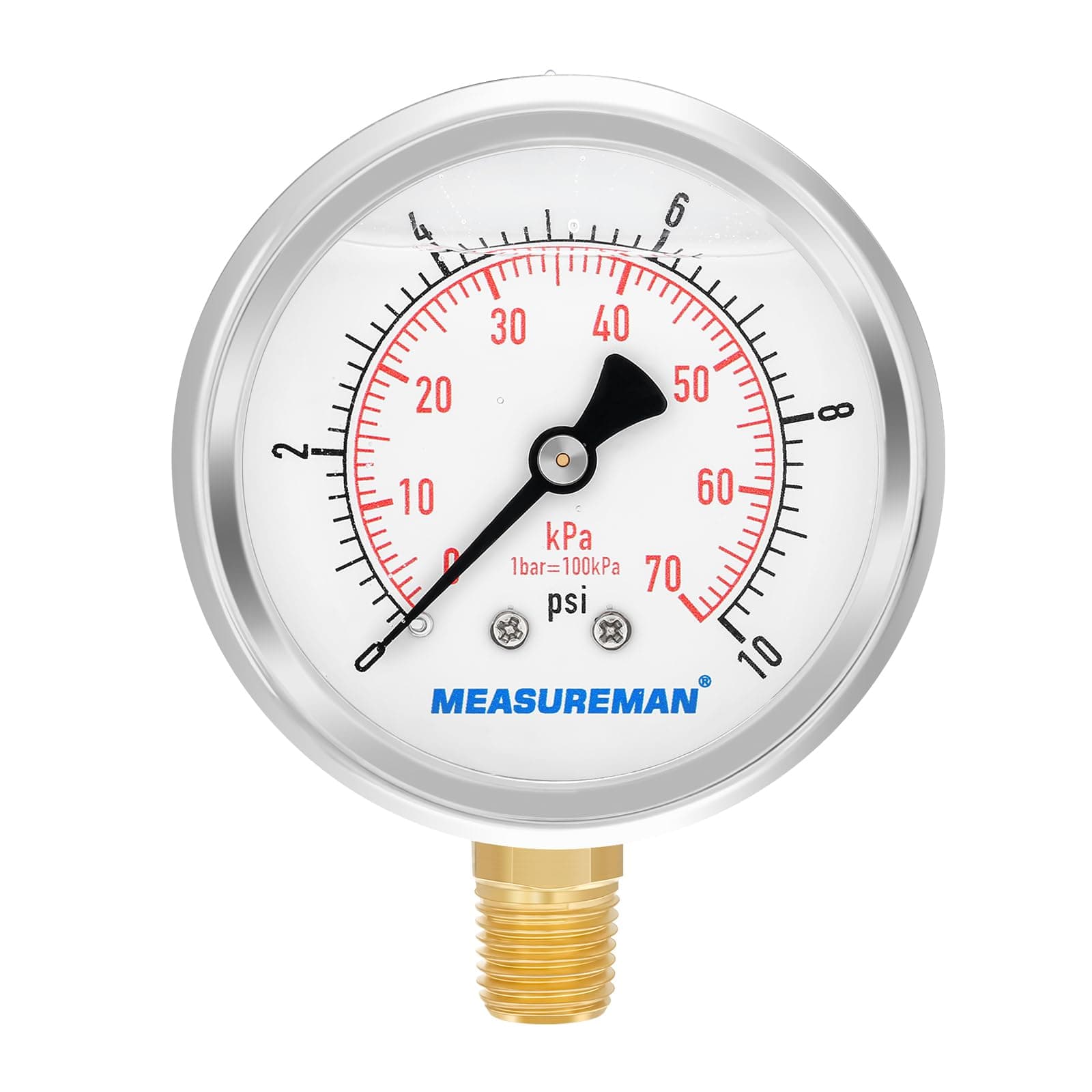 MEASUREMAN 2-1/2" dial,Glycerin Filled, Stainless Steel case, Brass Inside, 0-10psi/kpa,1/4" NPT Lower Mount
