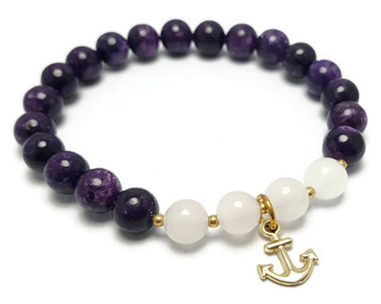 APECTO 7 mm, 8 mm Natural Multicolor Stone Beads Charm Elastic Bracelet, Gold Tone Anchor